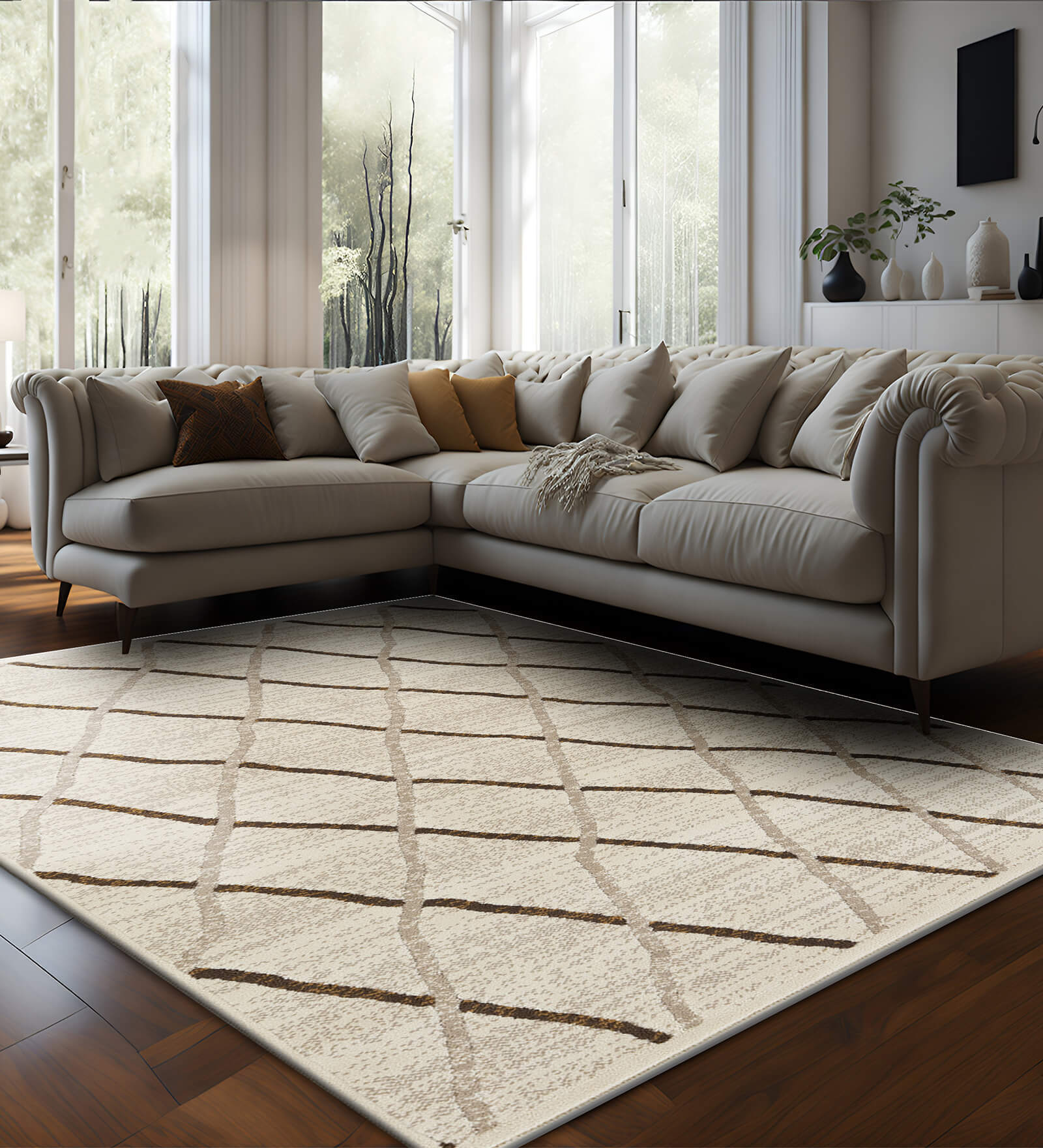 Beige Trellis Polypropylene 4 Ft X 6 Ft Machine Made Carpet