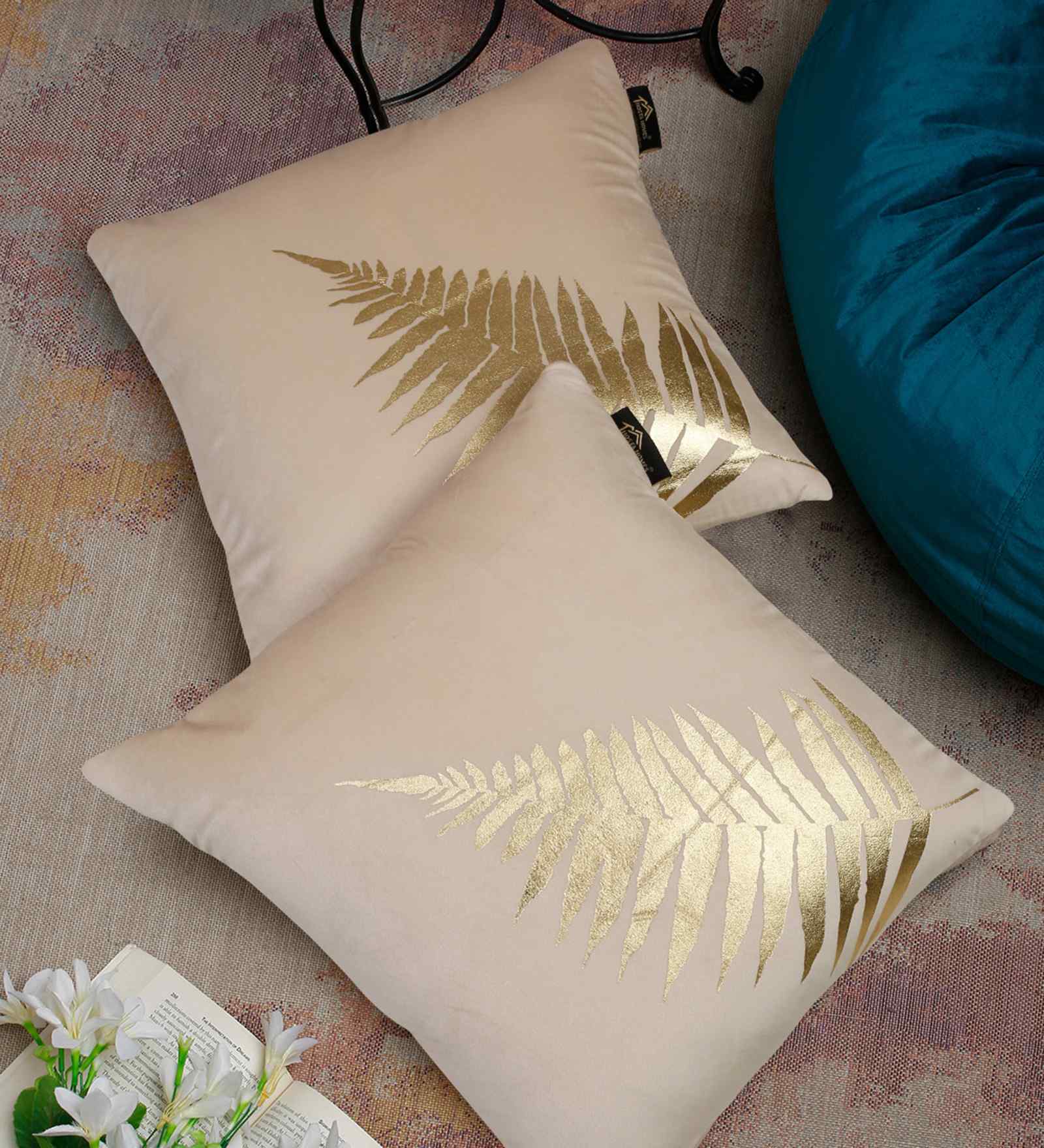 Beige Velvet Floral 16X16 Inches Cushion Covers (Pack of 2)