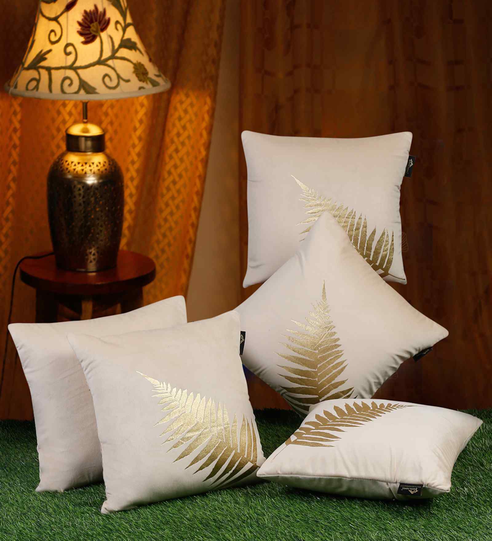 Beige Velvet Floral 16X16 Inches Cushion Covers (Pack of 5)