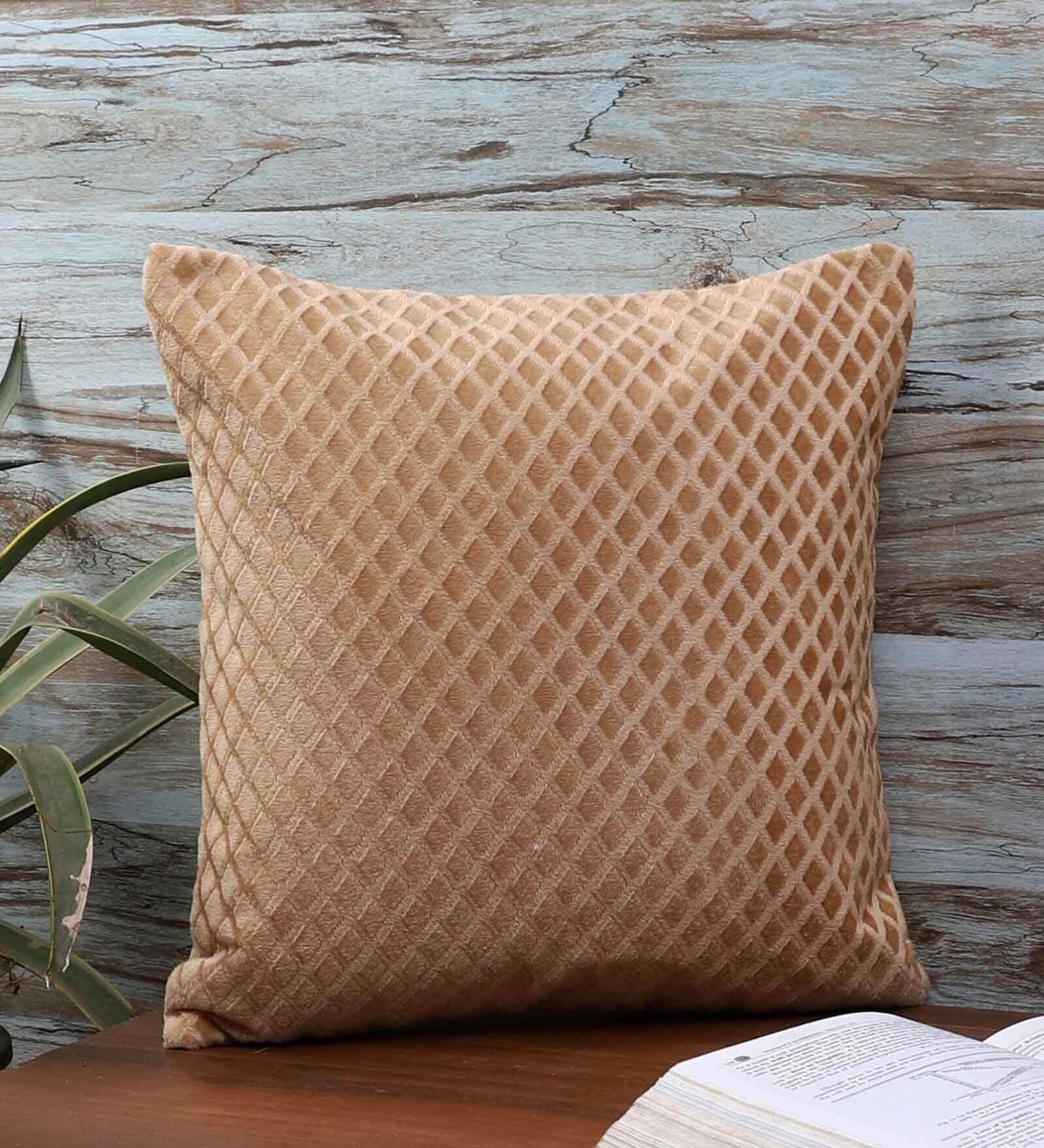 Beige Velvet Solid 16x16 inches Cushion Covers (1Pc)