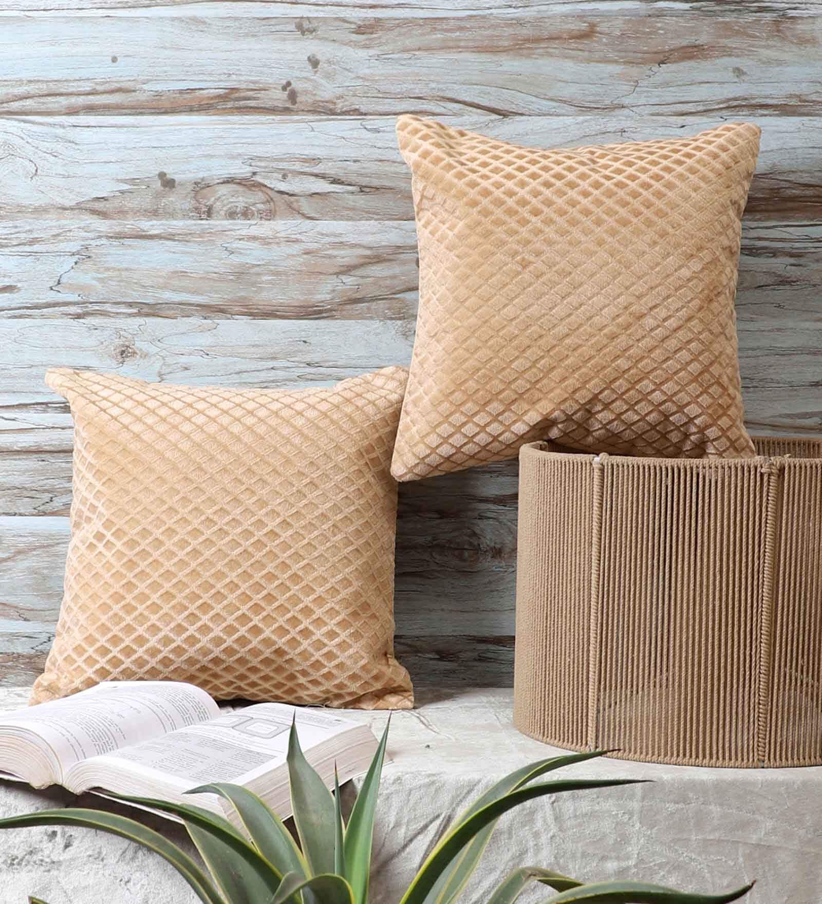 Beige Velvet Solid 16x16 inches Cushion Covers (Pack of 2)