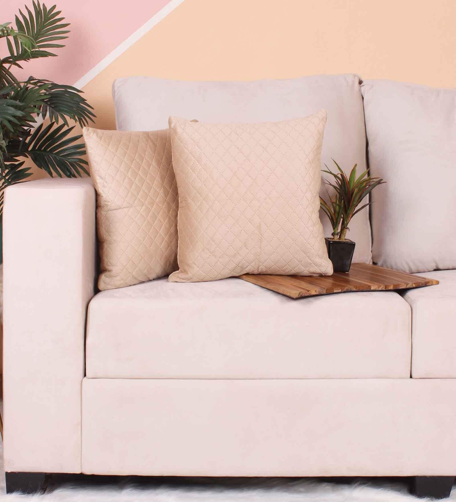 Beige Velvet Solid 24x24 inches Cushion Covers (Pack of 2)