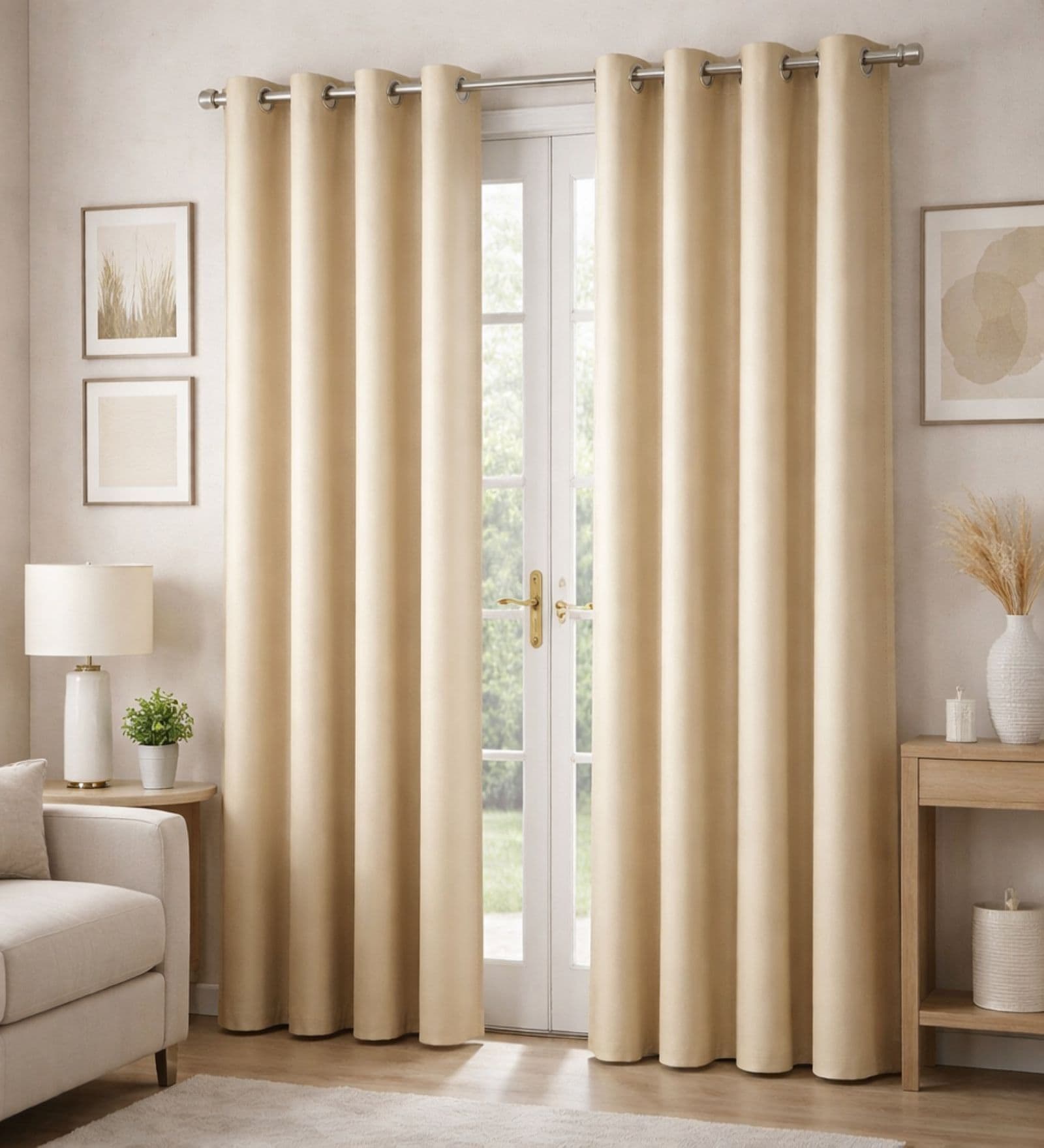 Beige Velvet Solid 7 Feet Blackout Door Curtains Set Of 2