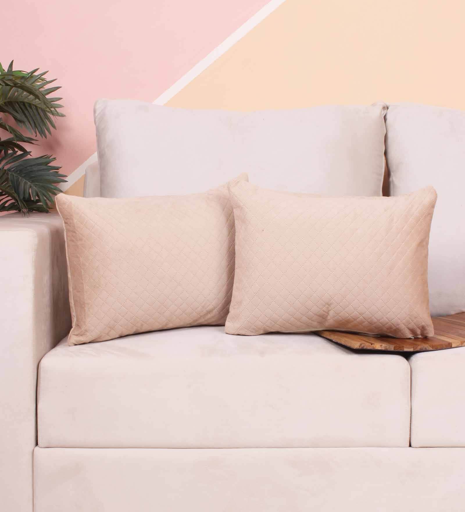 Beige Velvet Solids 18x12 inches Cushion Covers (Pack of 2)