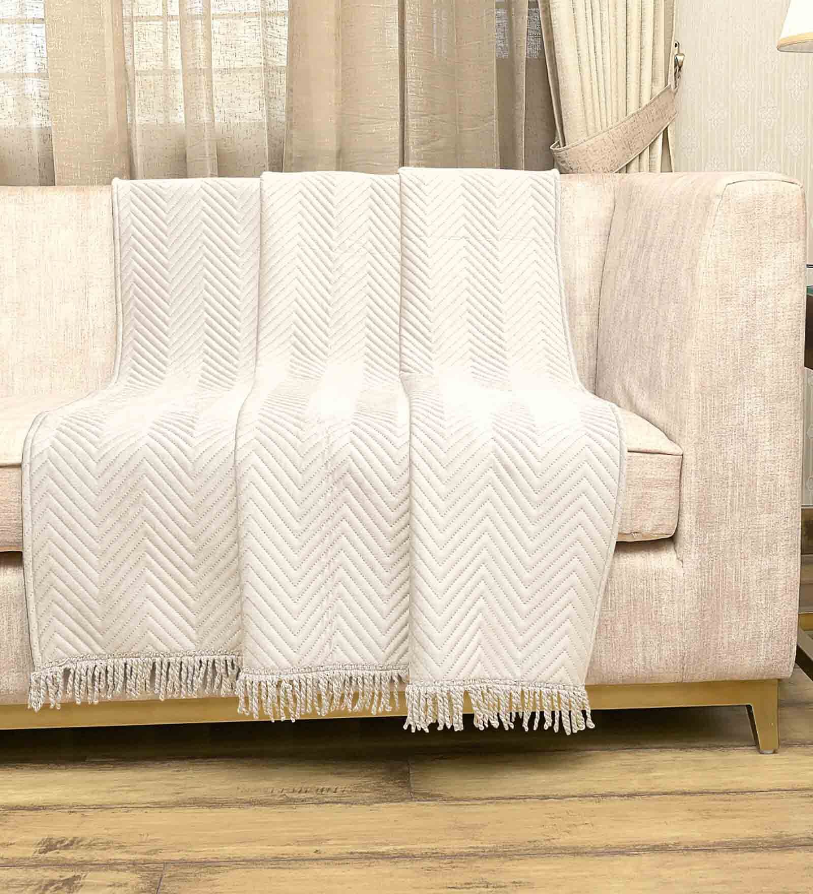 Beige Velvet Zig Zag 55x63 Inches Sofa Throw