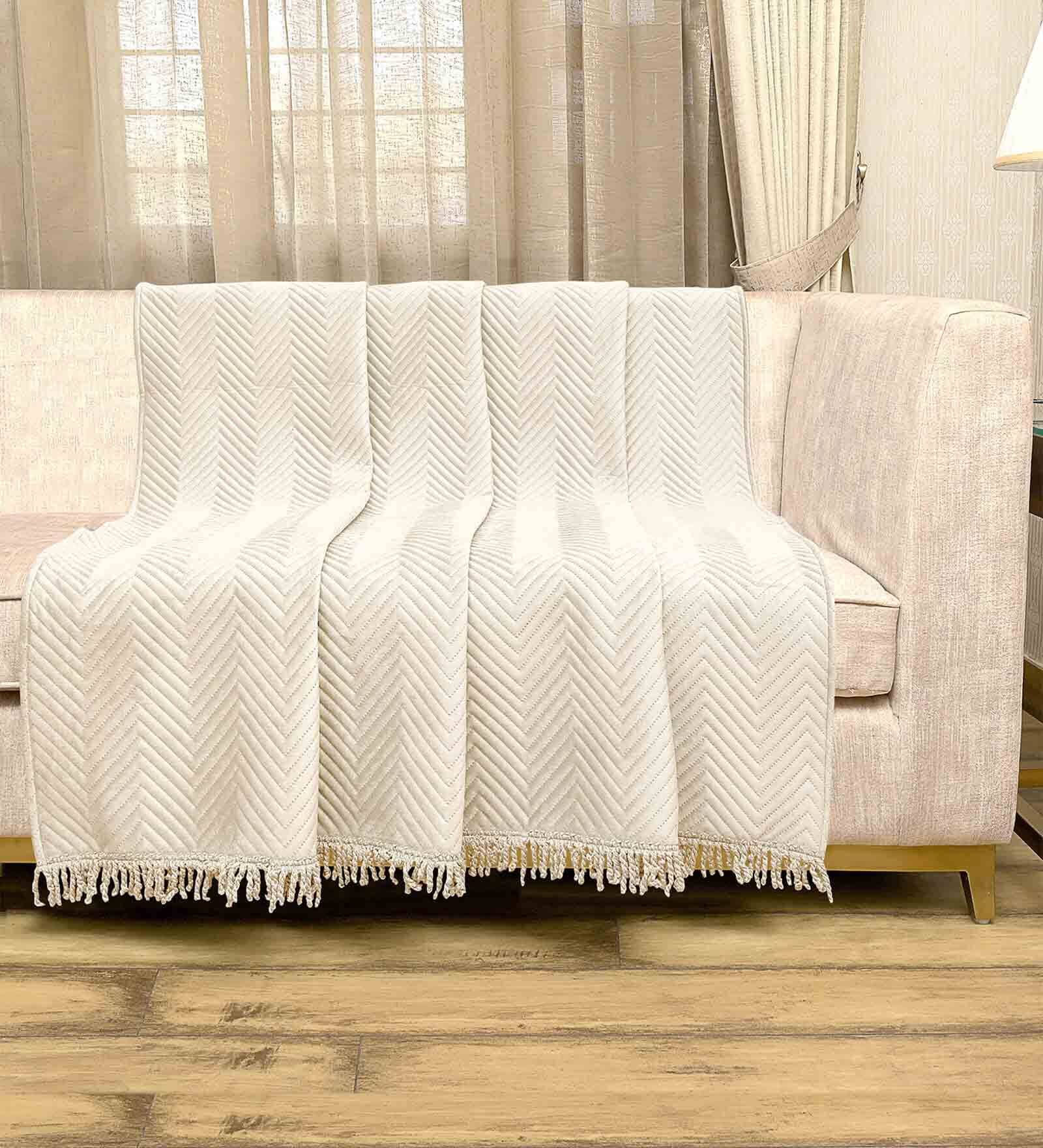 Beige Velvet Zig Zag 55x86 Inches Sofa Throw