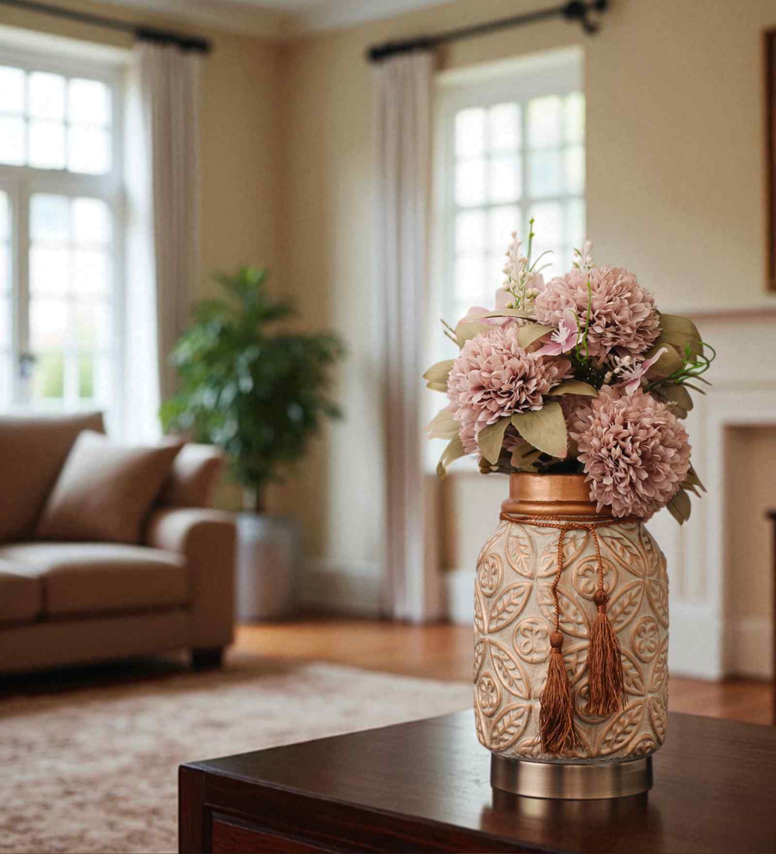 Beige Vintage Inspired Ceramic Cylindrical Shaped Vase