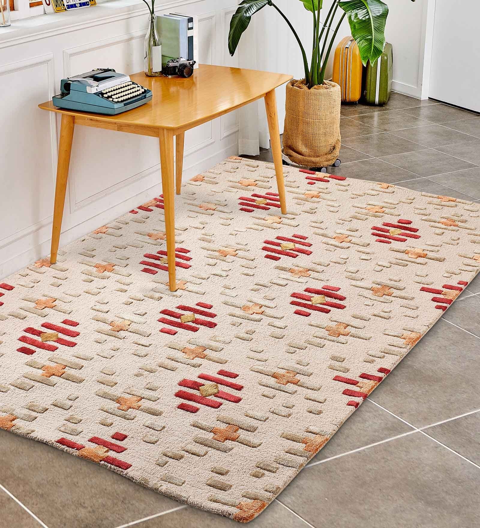 Buy Beige Abstract Wool and Art Silk 4 ft x 6 ft Hand Tufted Carpet