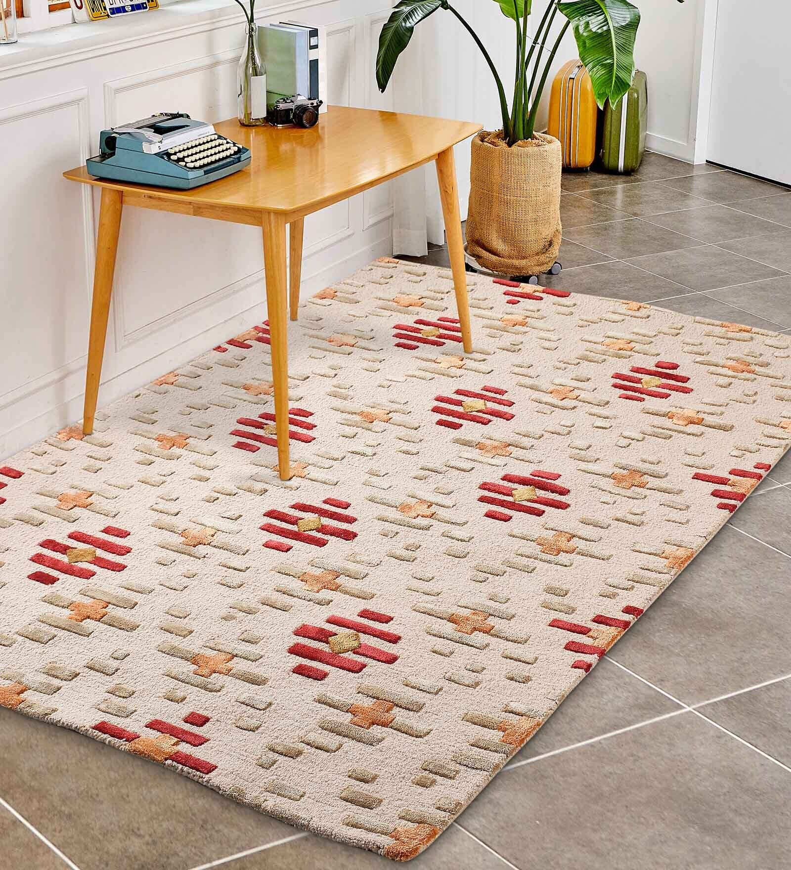 Buy Beige Wool And Art Silk  Geometric 5 x 7 Feet Hand Tufted Carpet