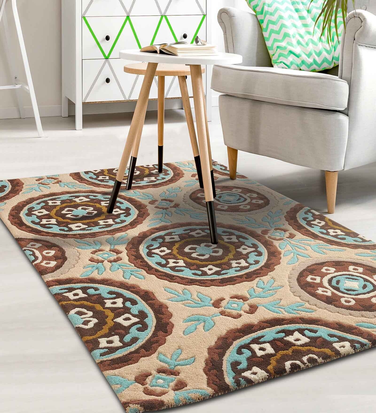 Buy Beige Persian Wool and Art Silk 4 ft x 6 ft Hand Tufted Carpet