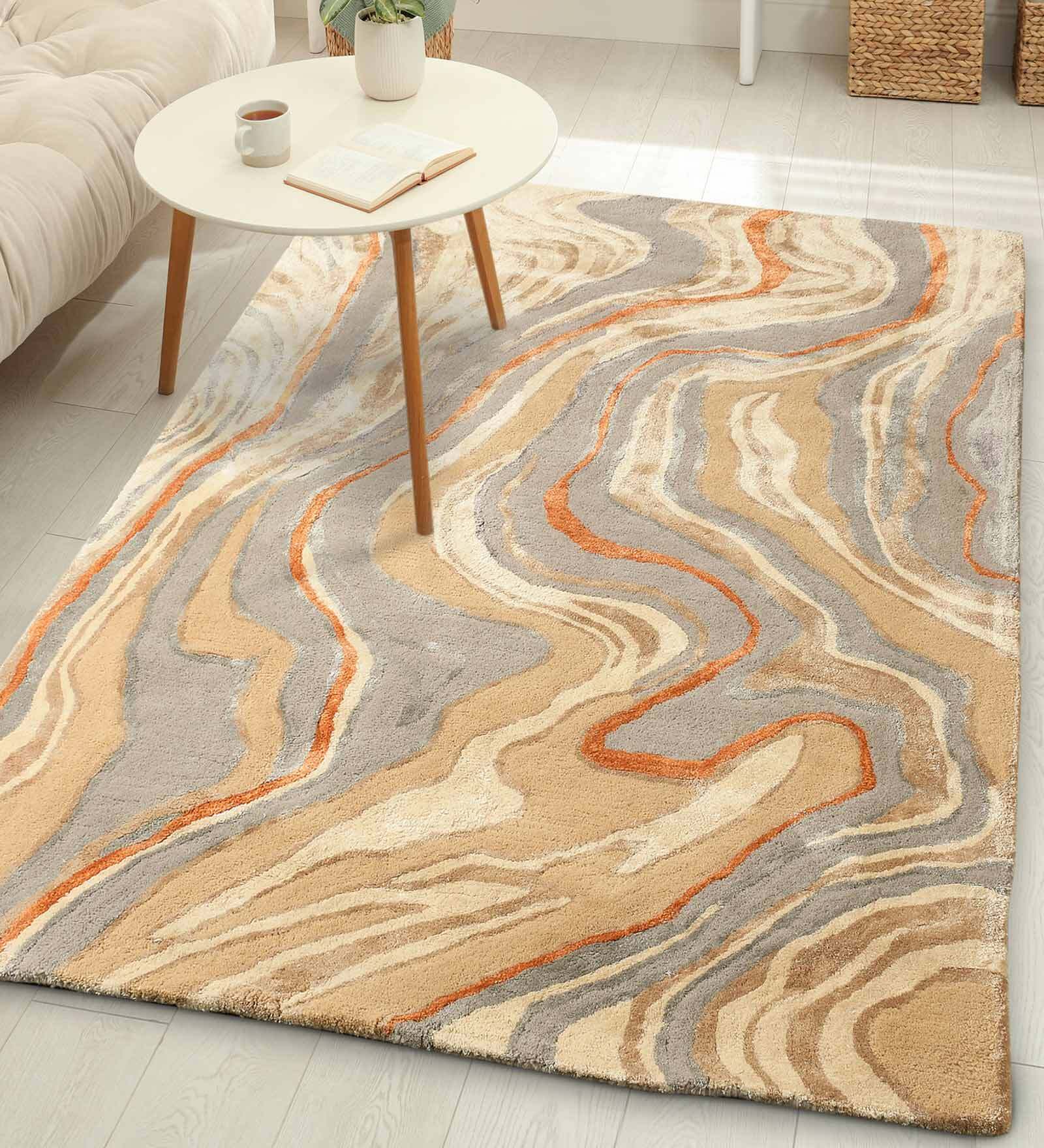 Buy Beige Wool and Viscose Abstract 5 x 7 Feet Hand Tufted Carpet