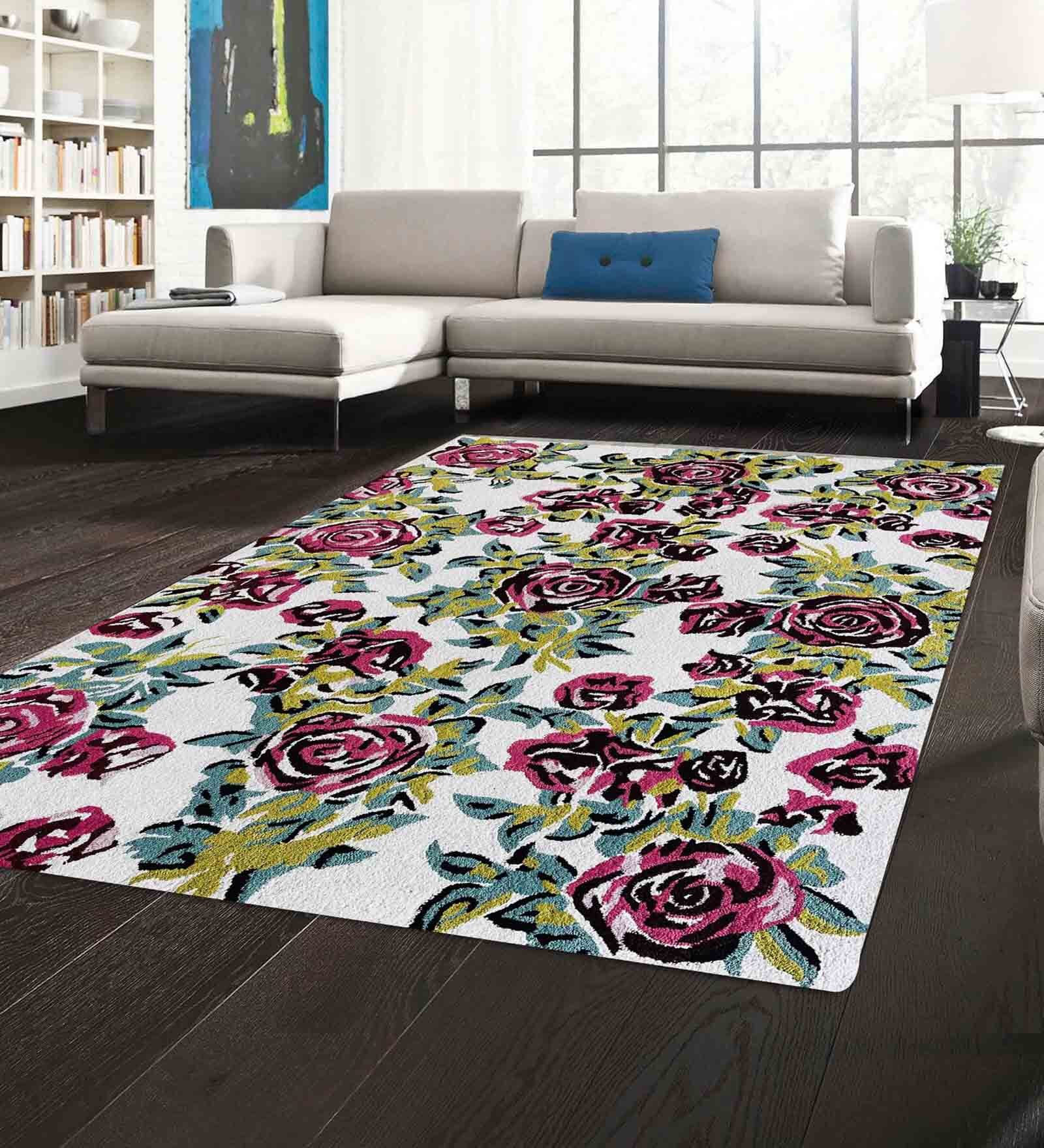 Beige Floral Wool 6 ft x 9 ft Hand Woven Carpet