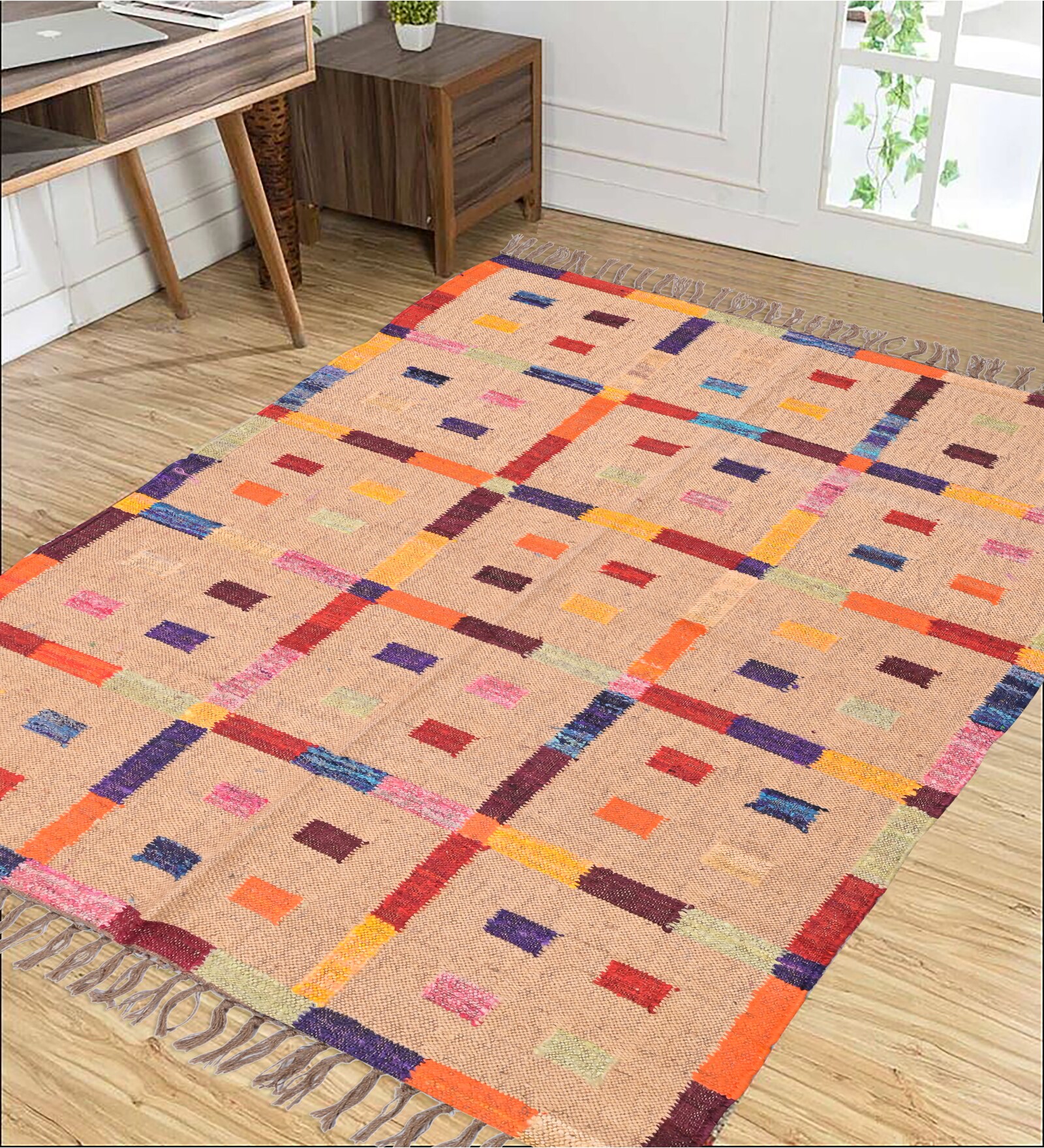 Beige Wool & Jute Geometric 108 x 72 Inches Hand Woven Dhurries