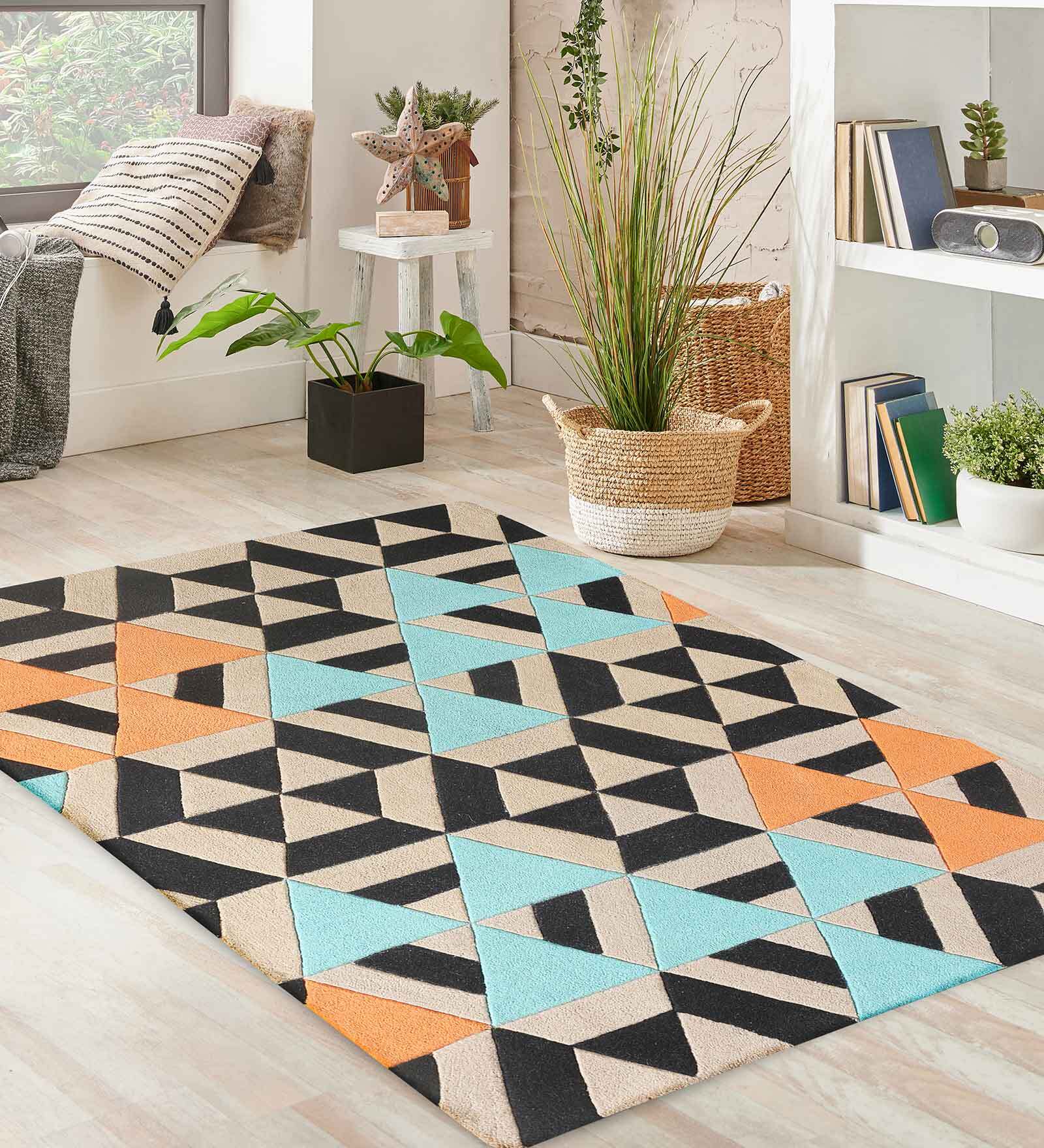 Buy Multicolor Geometric Wool 4 ft x 6 ft Hand Tufted Carpet