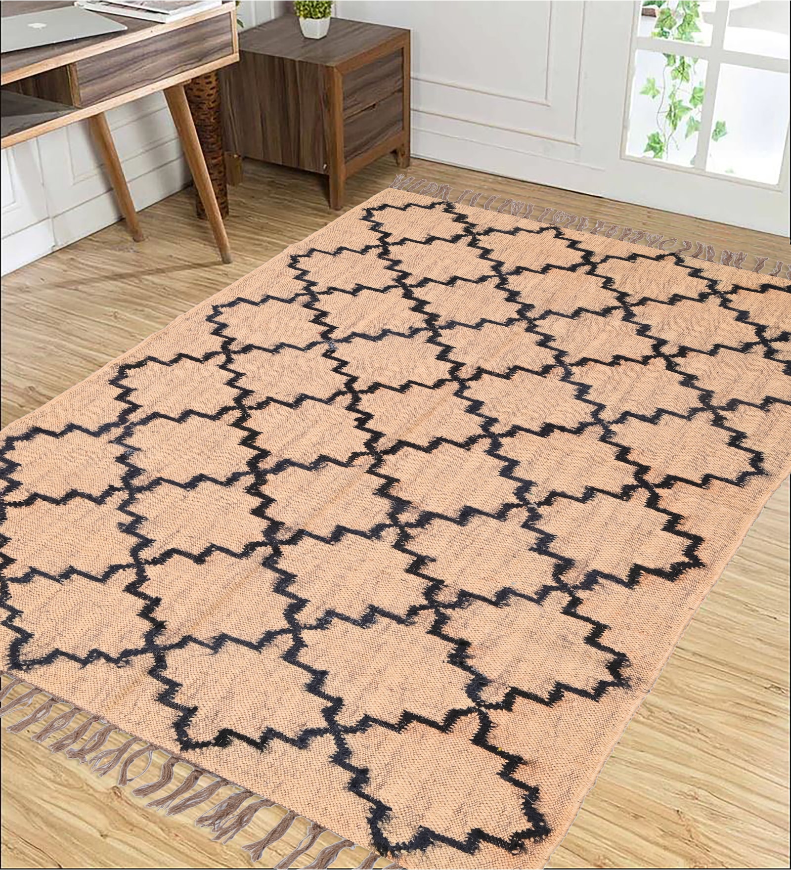 Beige Wool & Jute Abstract 60 x 36 Inches Hand Woven Dhurries