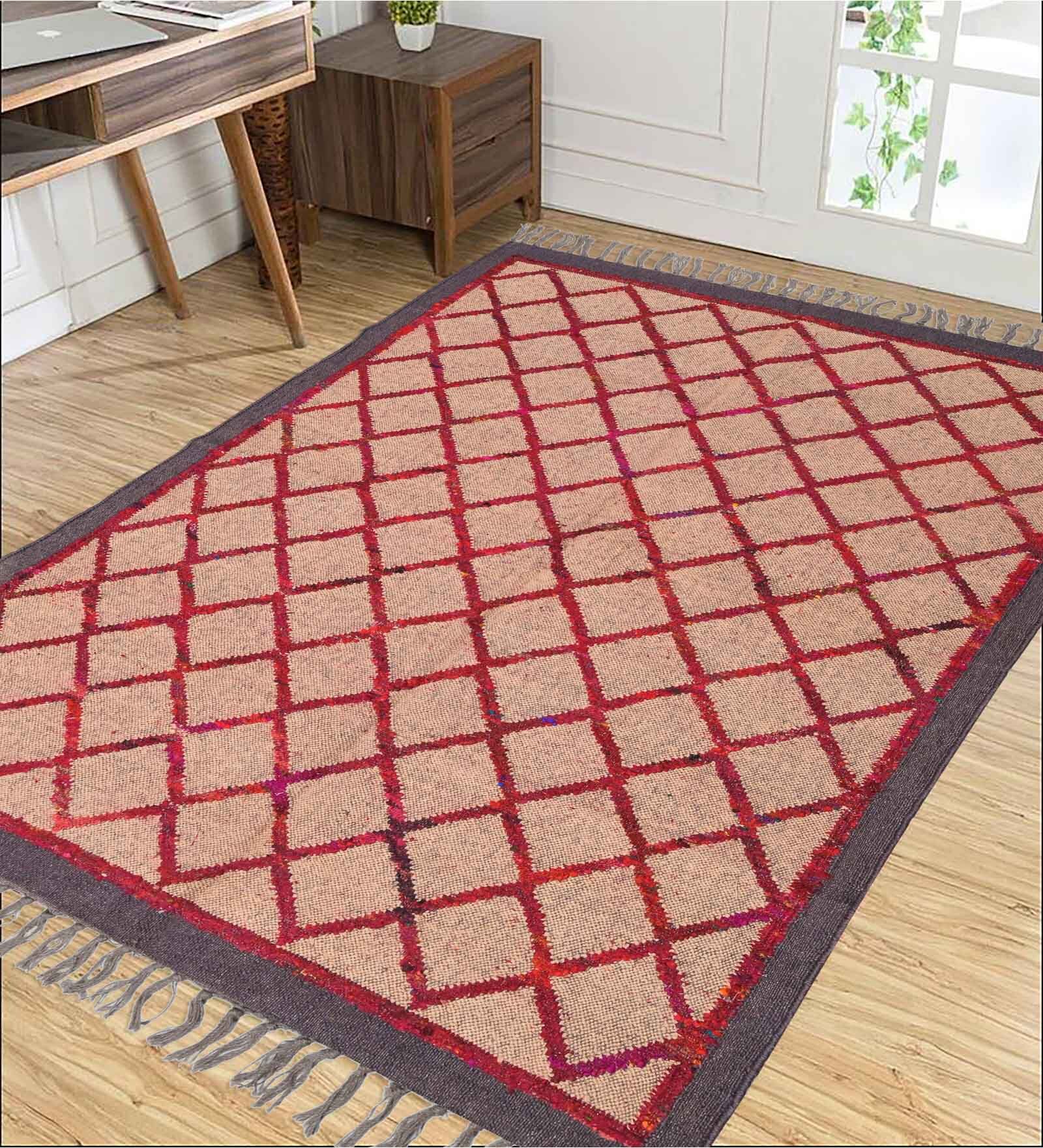 Beige Wool & Jute Geometric 72 x 48 Inches Hand Woven Dhurries