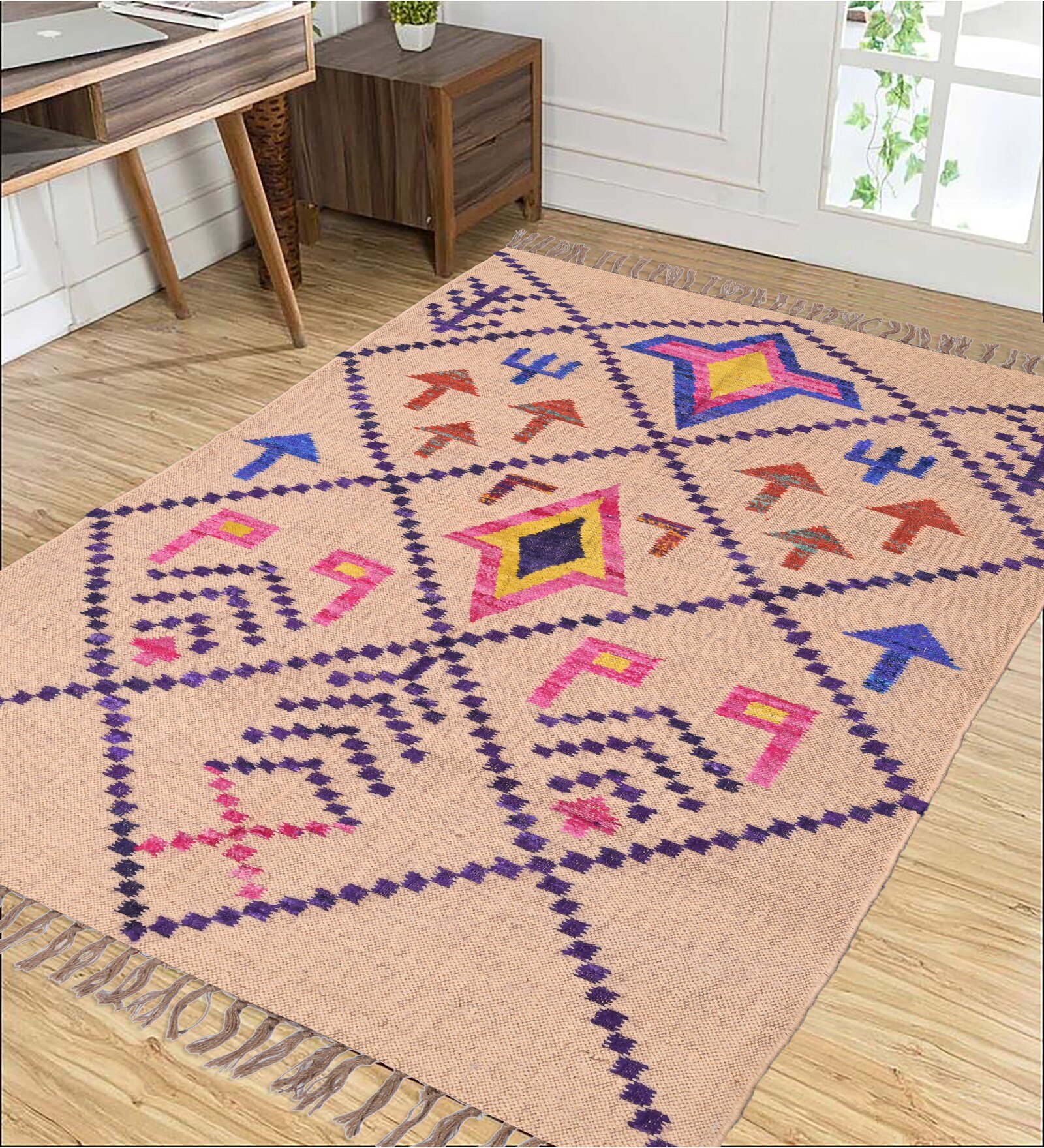 Beige Wool & Jute Abstract 96 x 60 Inches Hand Woven Dhurries