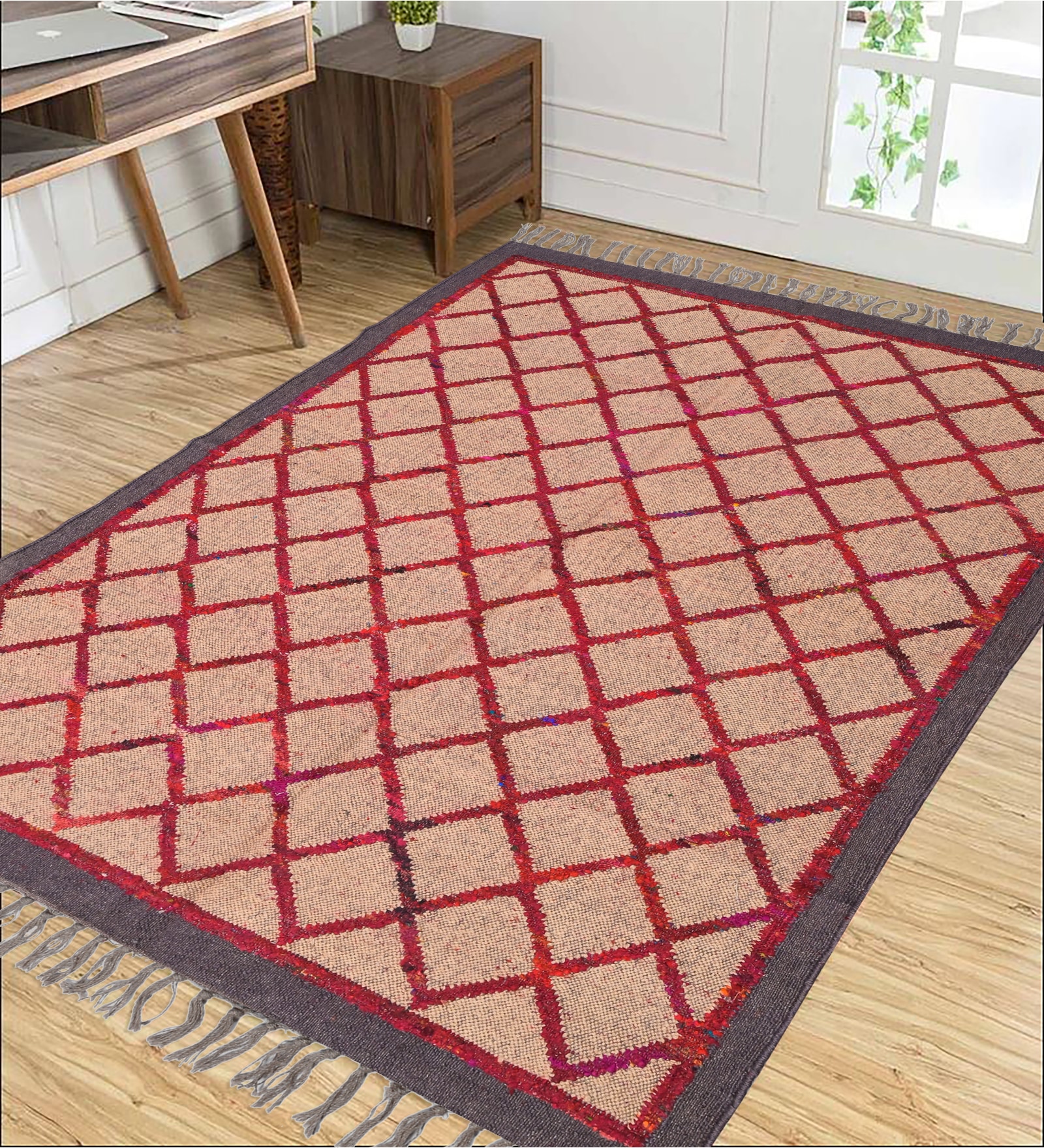 Beige Wool & Jute Geometric 96 x 60 Inches Hand Woven Dhurries