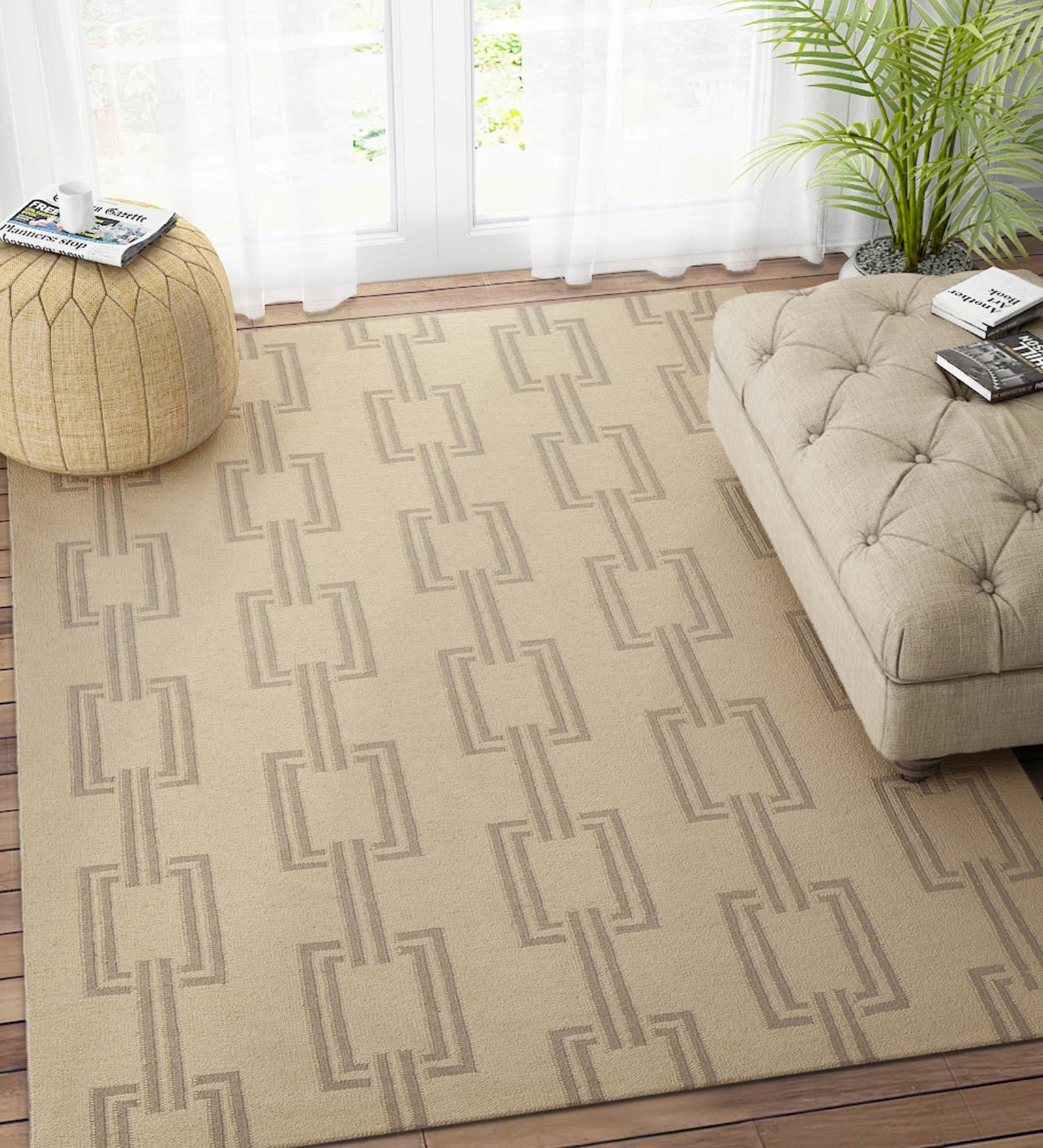 Beige Wool 5 ft X 8 ft Hand Woven Dhurrie