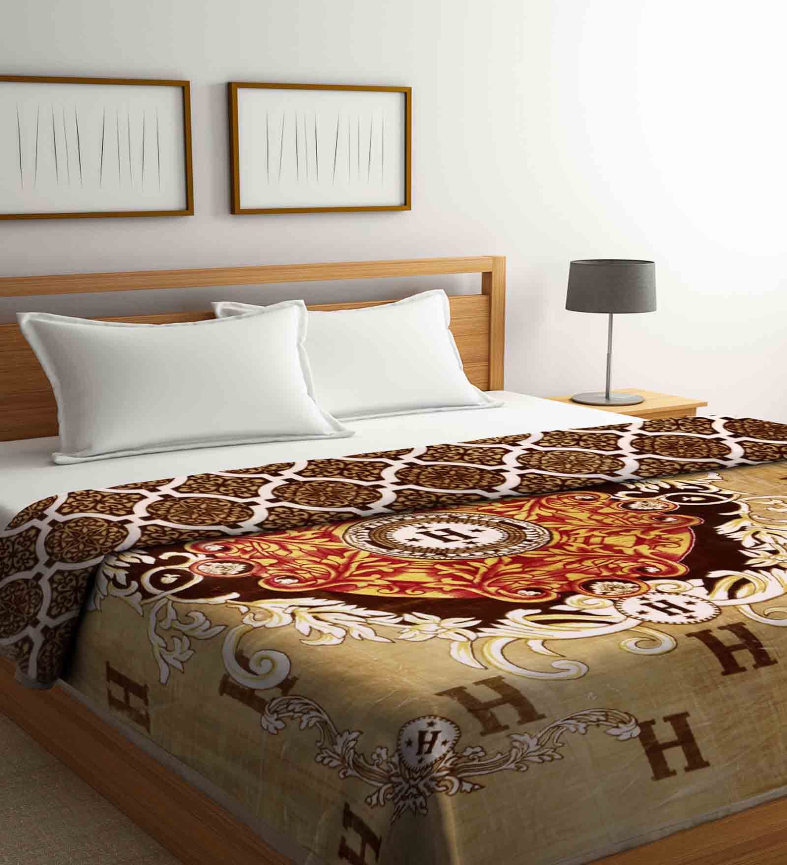 Beige Wool Printed 850 GSM Double Bed Blanket