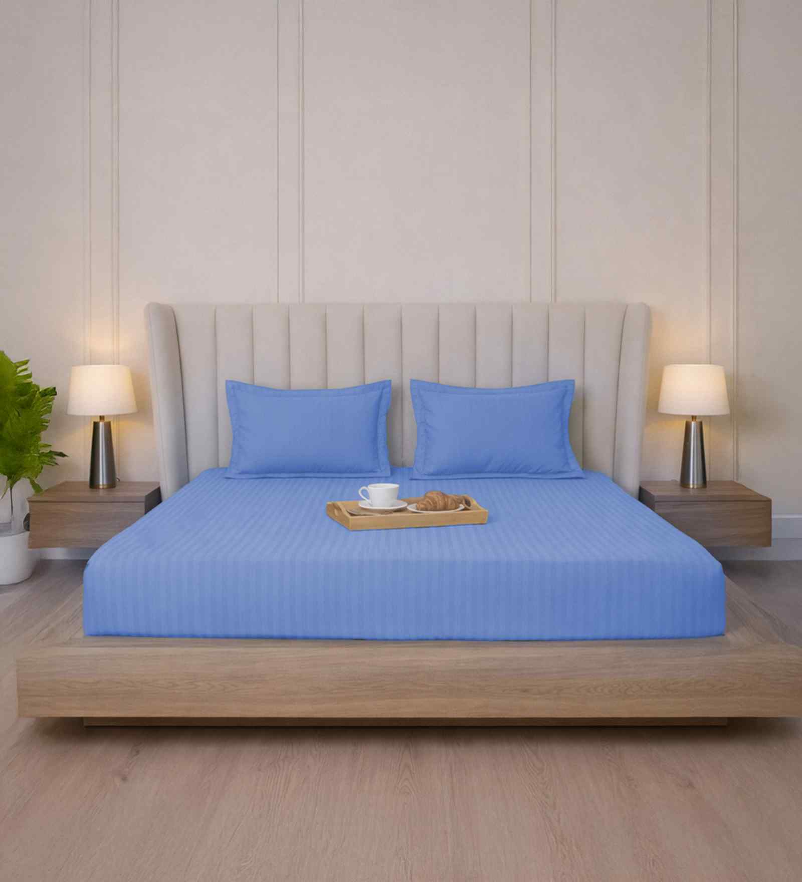 Bel Air Blue Stripe 300 TC Pure Cotton King Fitted Bedsheet with 2 Pillow Covers