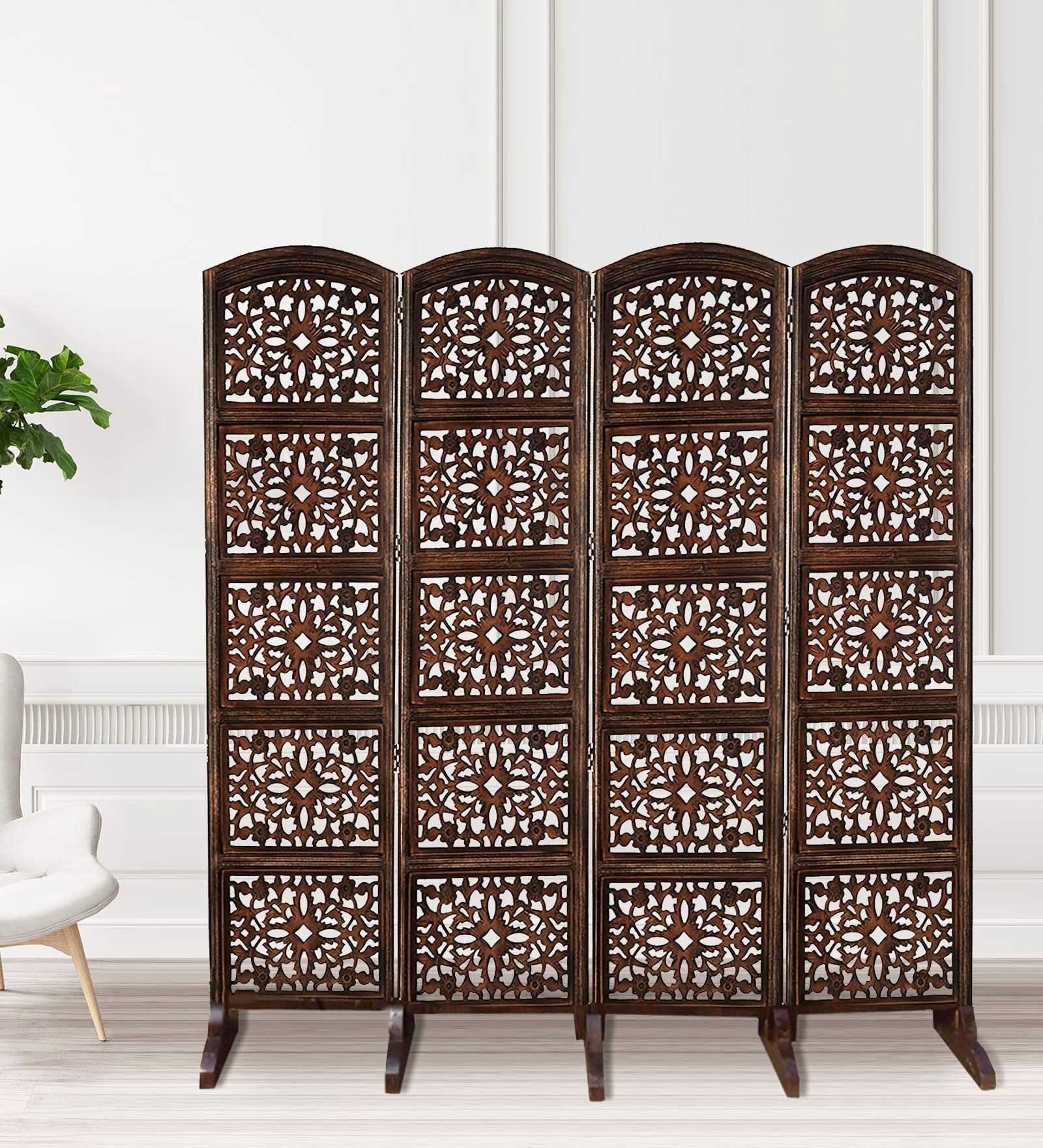 Solid Wood 5 Panel Room Divider In Brown Colour