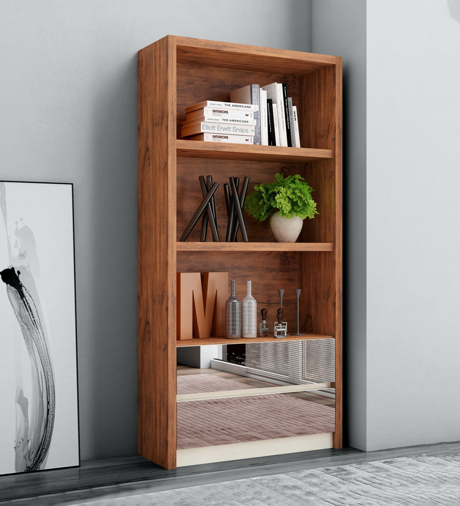 Bembe Book Shelf with Two Mirrored Drawers in Dark Brown Finish