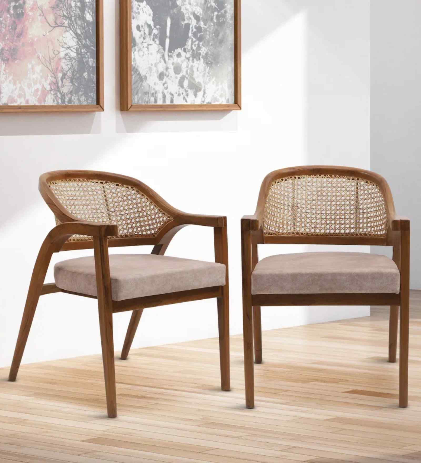 Bemla Teak Wood Arm Chairs Teak In Beige Finish