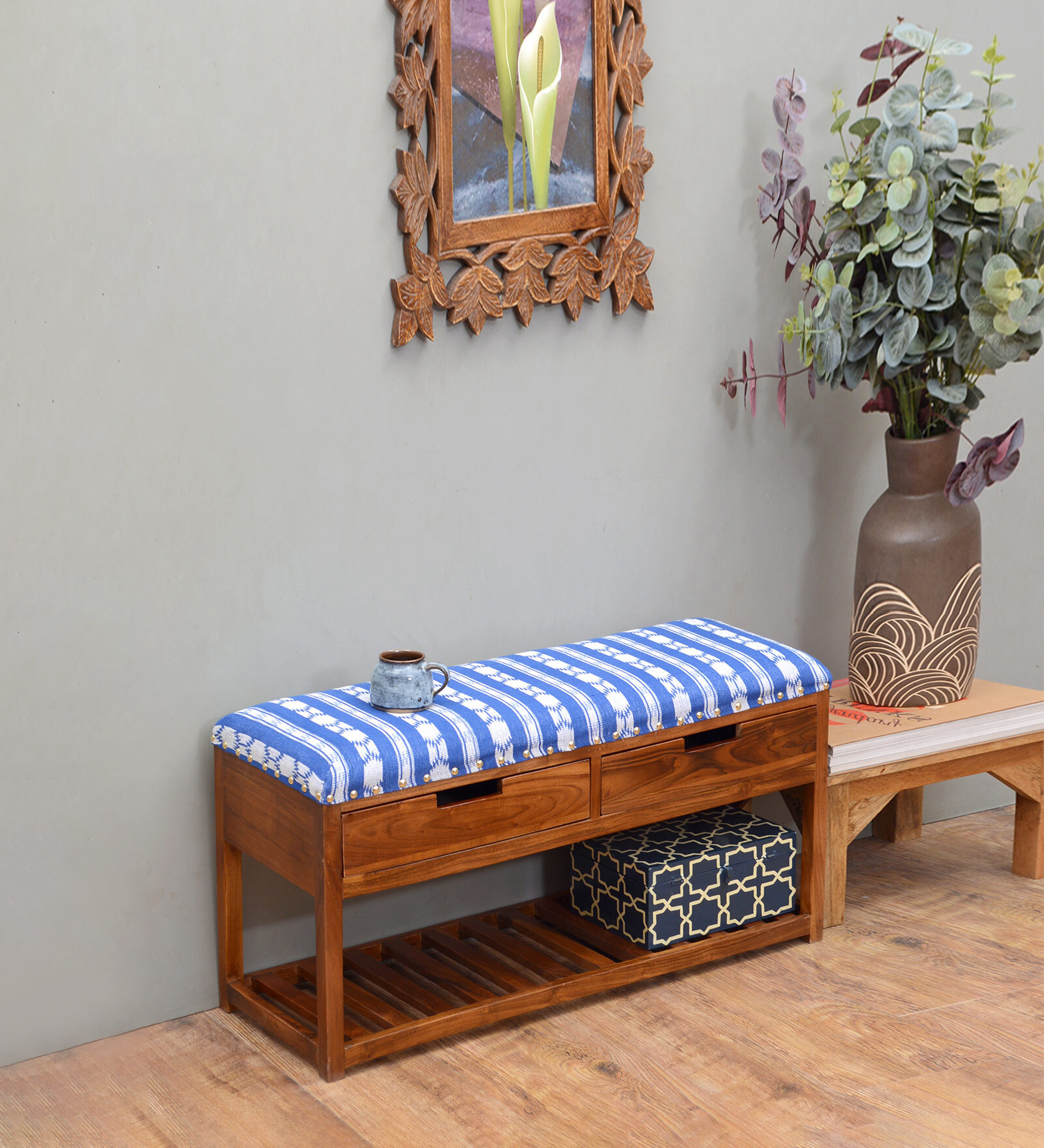 Bench Solid Wood Bench in Blue & White Colour with Storage