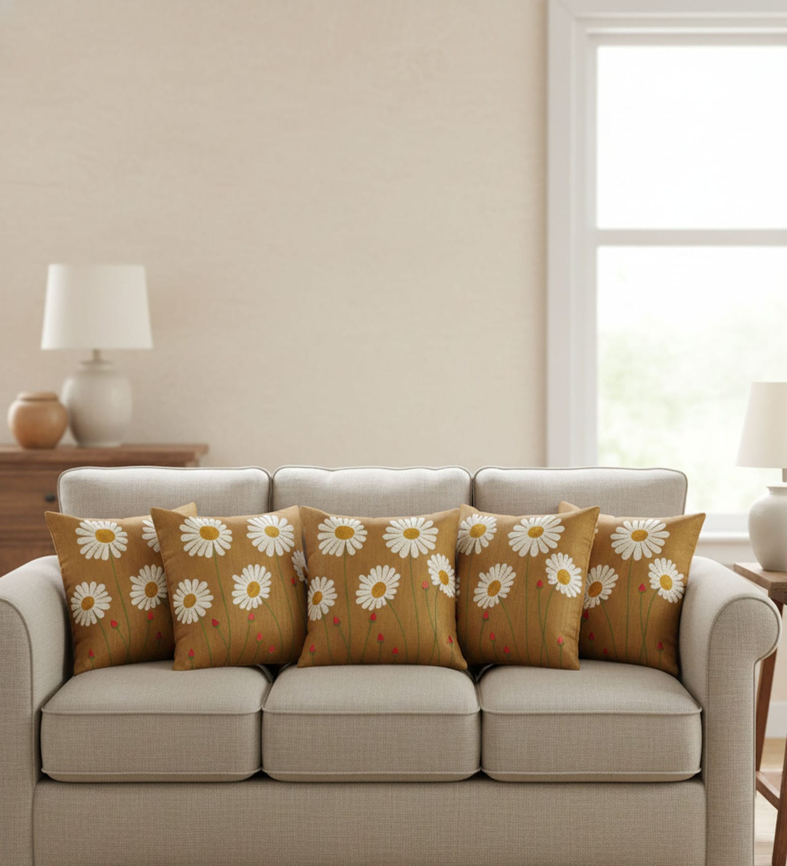 Golden Poly Cotton 16X16 Inches 5Pcs Cushion Covers