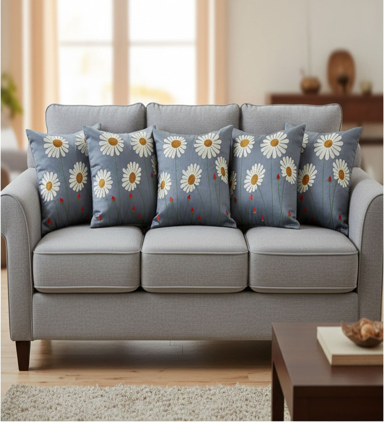 Blue Poly Cotton 16X16 Inches 5Pcs Cushion Covers