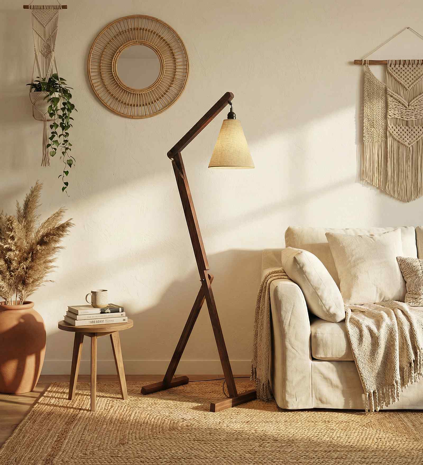 Benji Wooden Floor Lamp with Jute Shade & Brown Base