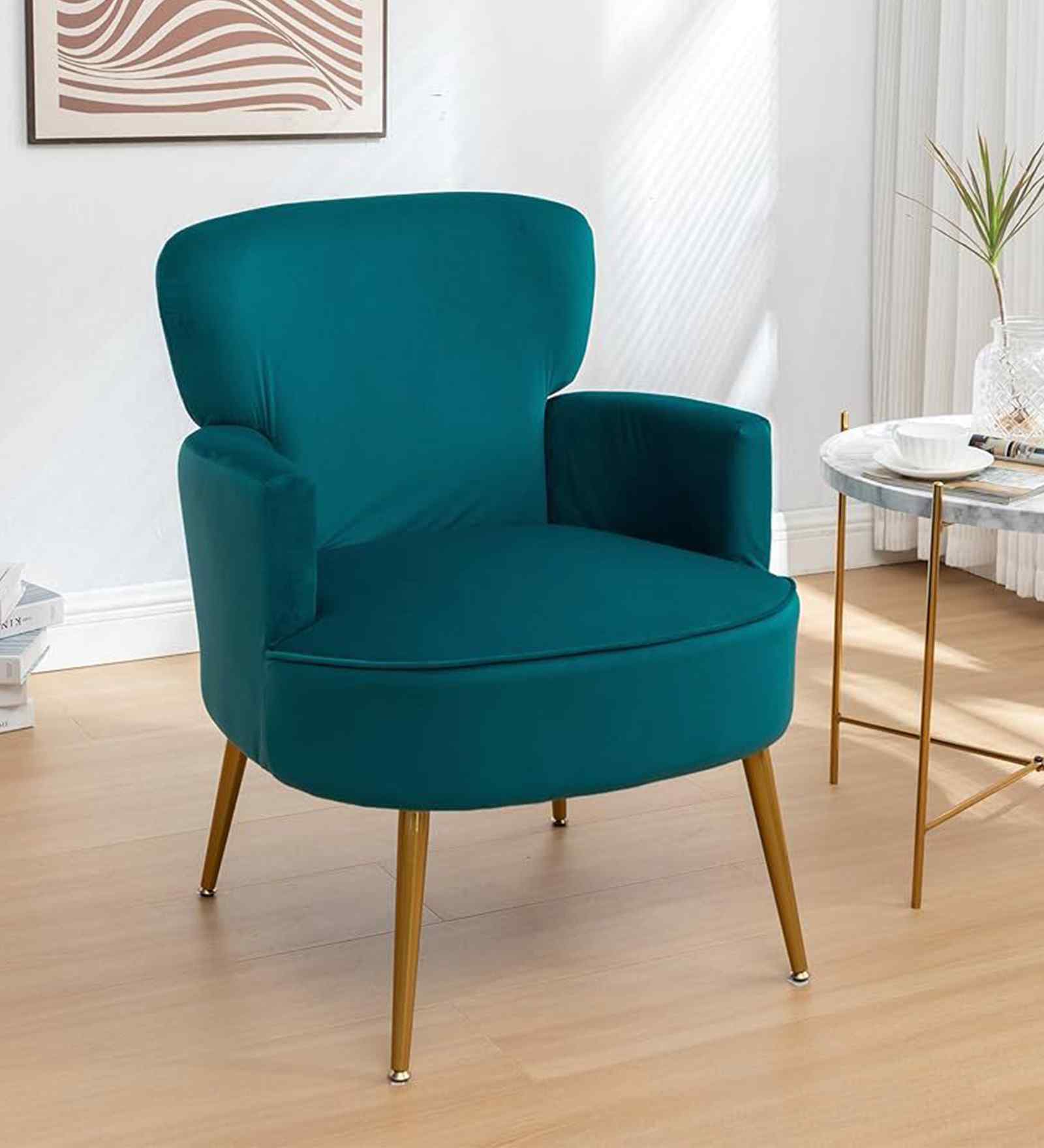 Benmar Velvet Fabric Lounge Chair In Teal Colour