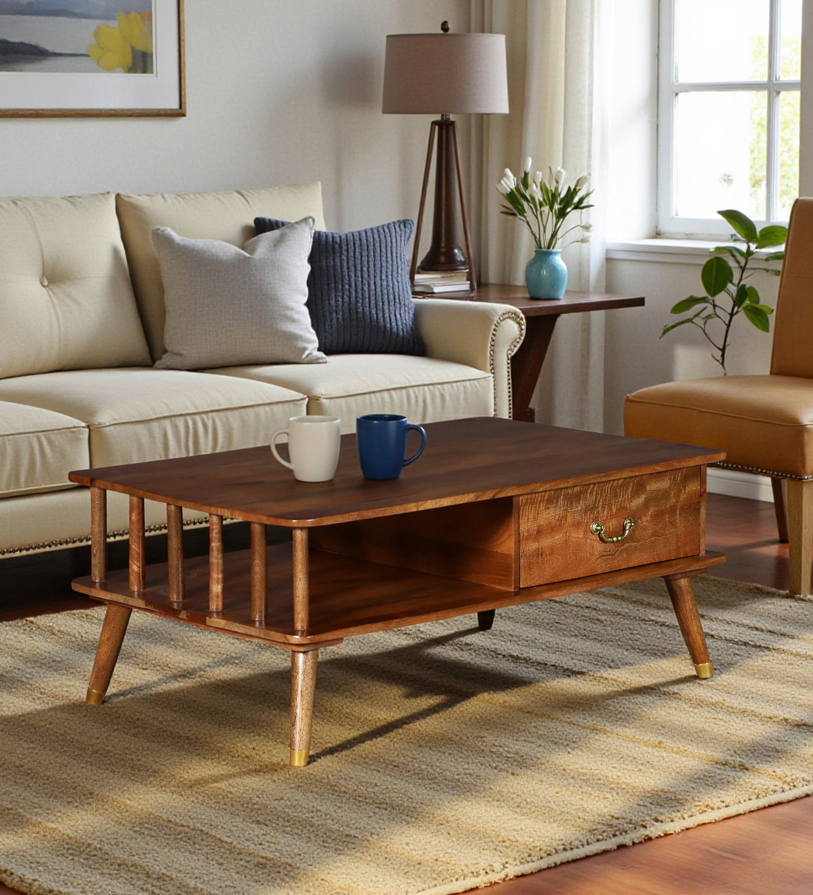 Benot Mango Wood Coffee Table In Rustic Teak Finish With Drawers