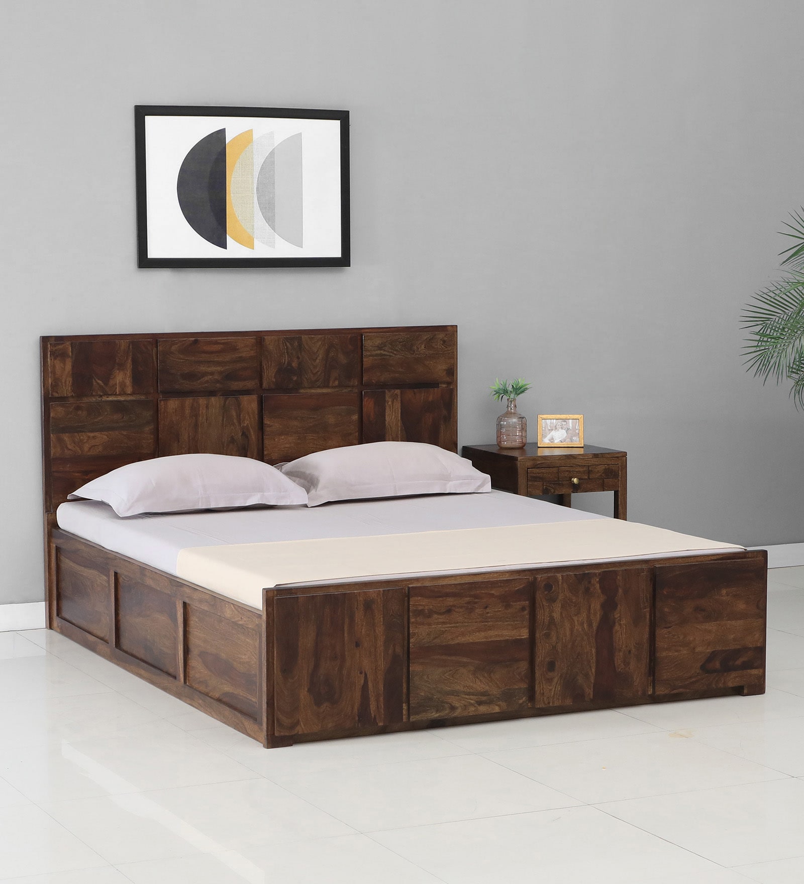 Bergen Sheesham Wood Queen Size Bed In Provincial Teak Finish With Box Storage