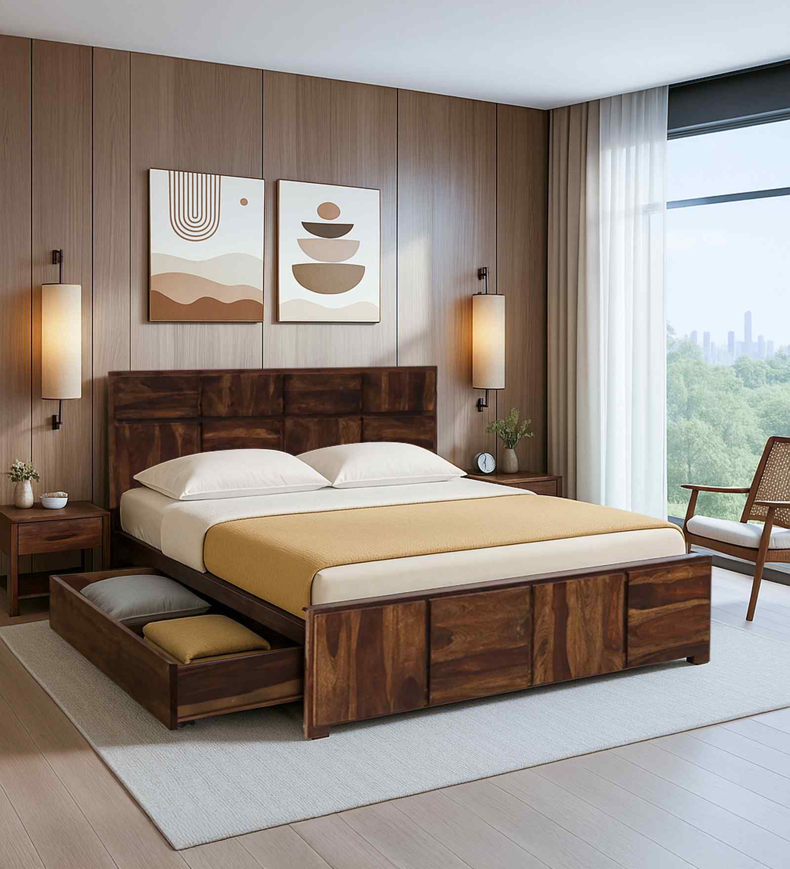 Bergen Sheesham Wood Queen Size Bed In Provincial Teak Finish With Drawer Storage