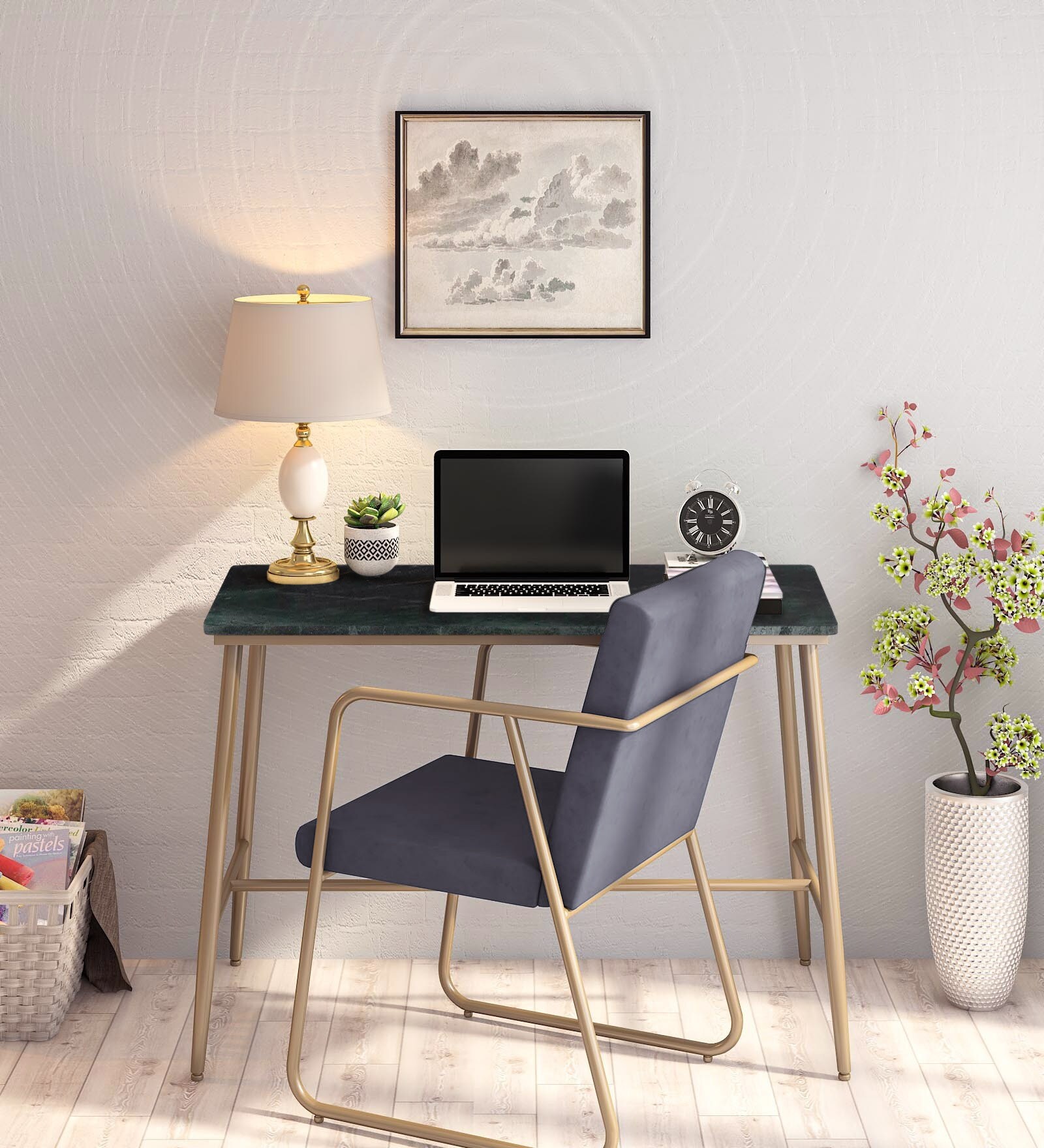 Berilo Writing Table & Chair Set In Green & Golden Finish