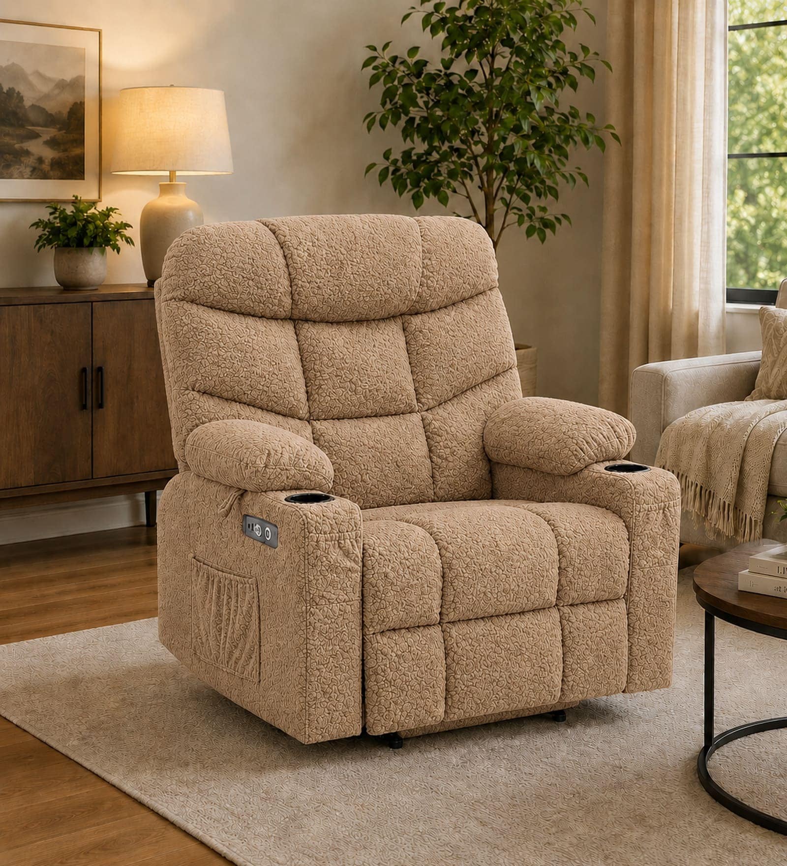 Berlin Boucle Fabric  Electric 1 Seater Recliner With USB Port In  Beige Colour