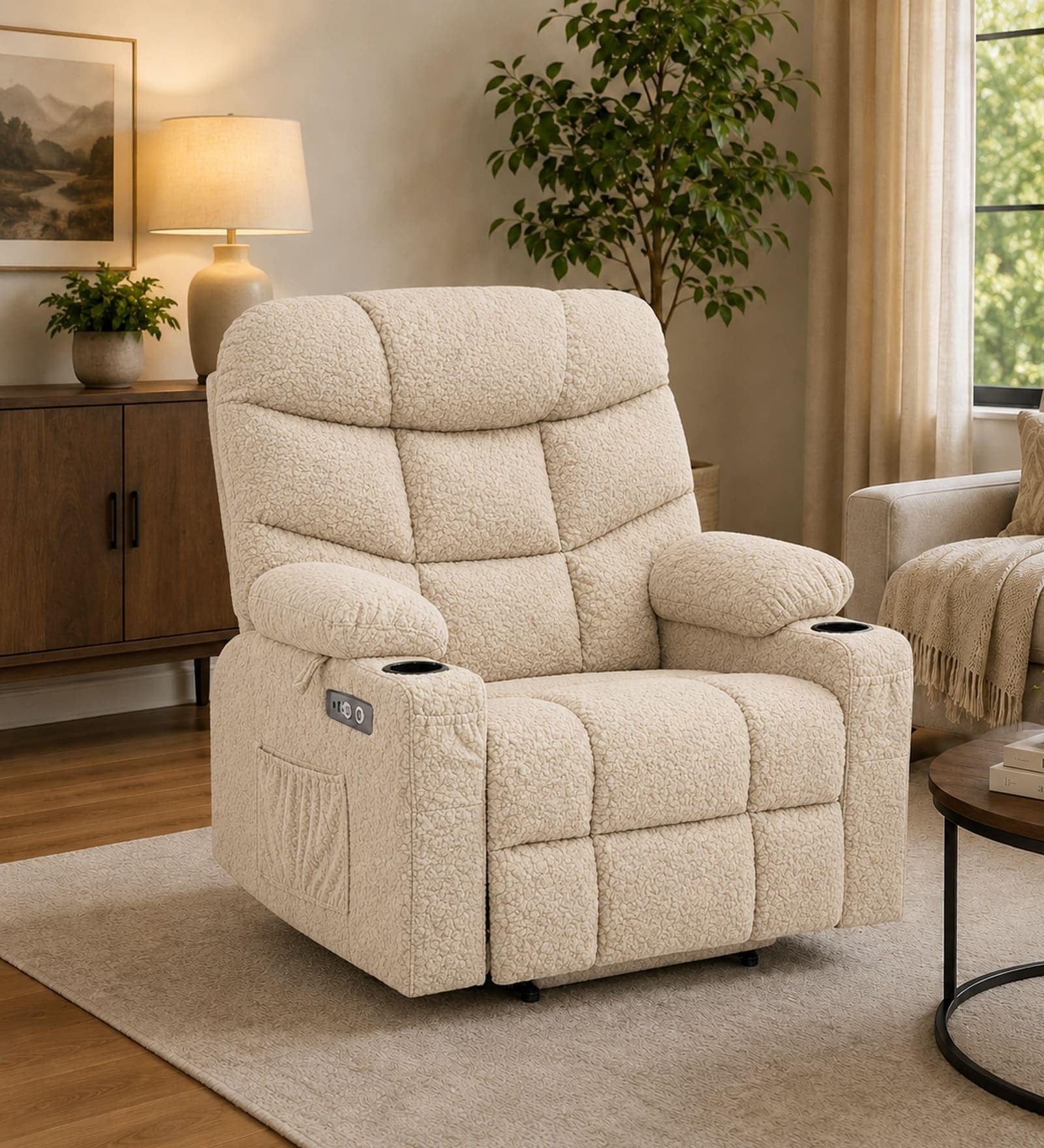 Berlin Boucle Fabric  Electric 1 Seater Recliner With USB Port In Off-White Colour