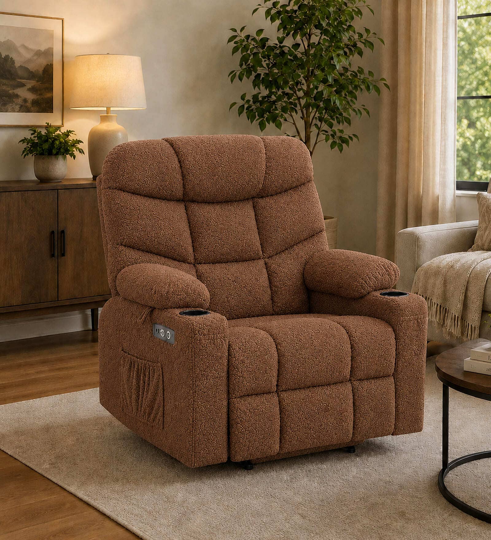 Berlin Boucle Fabric Electric 1 Seater Recliner With USB Port In Brown Colour Berlin Boucle Fabric Electric 1 Seater Recliner With USB Port In Brown Colour