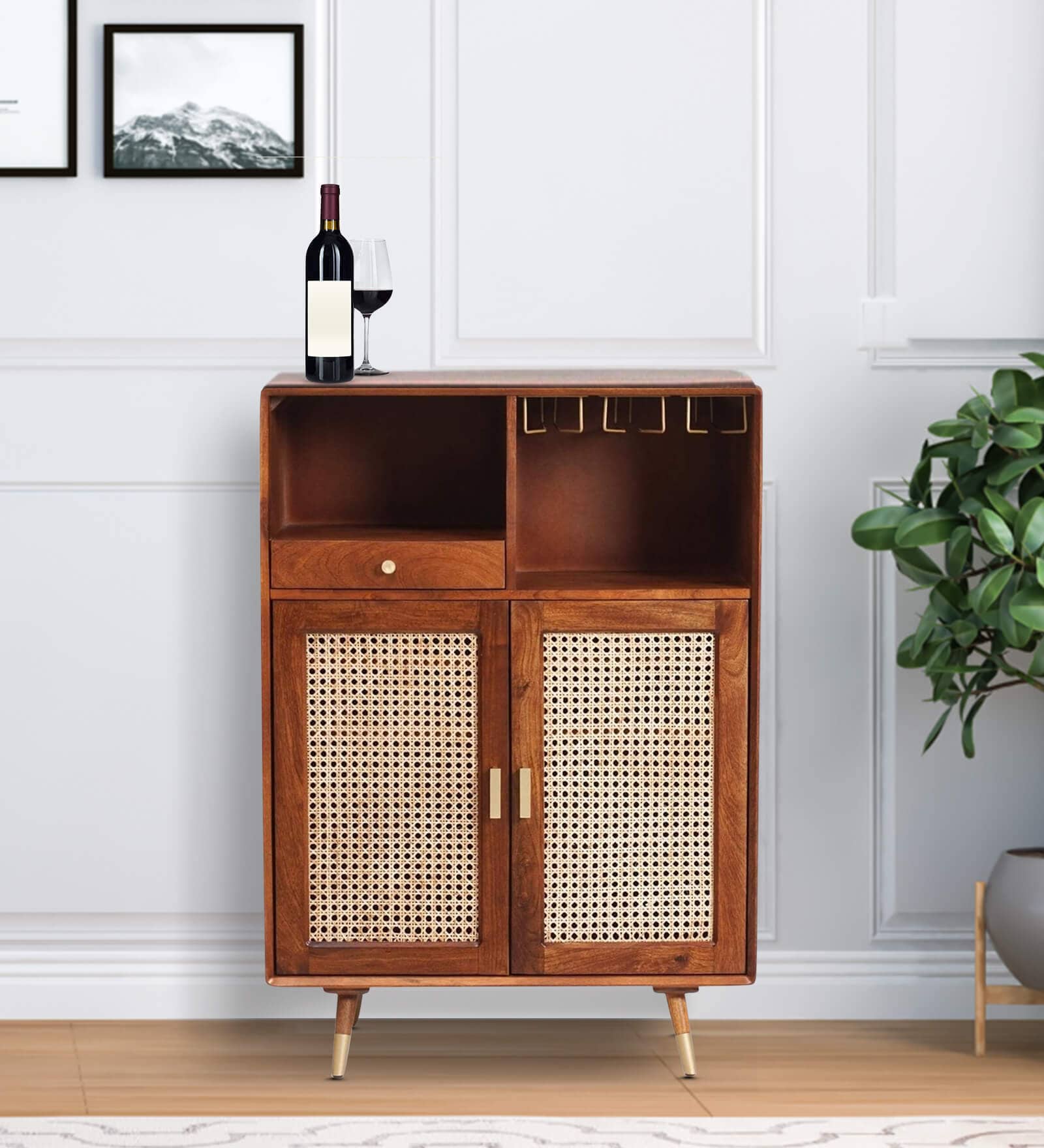 Berlin Solid Wood Bar Cabinet In Teak Honey Finish