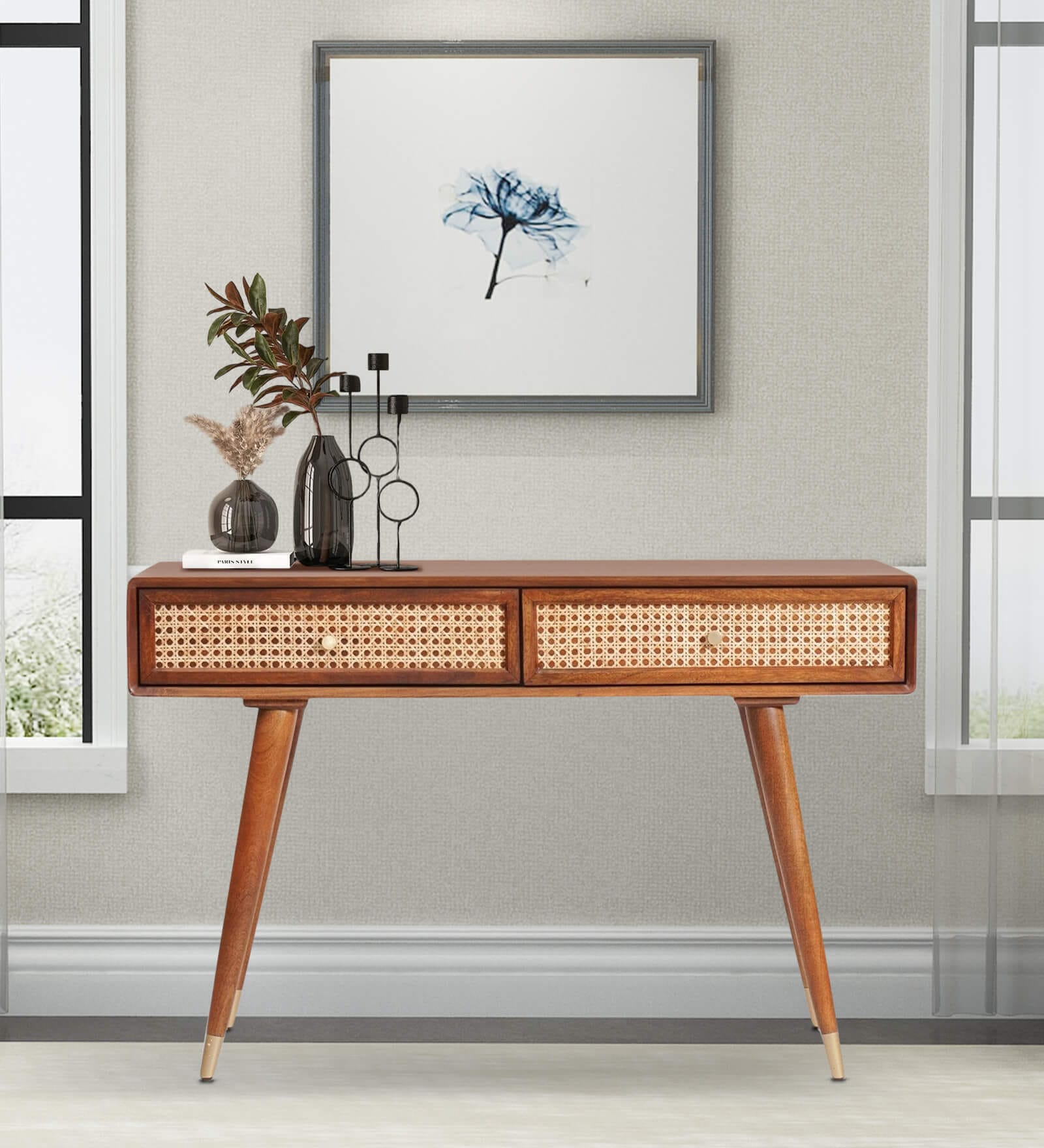 Berlin Solid Wood Console Table In Teak Honey Finish