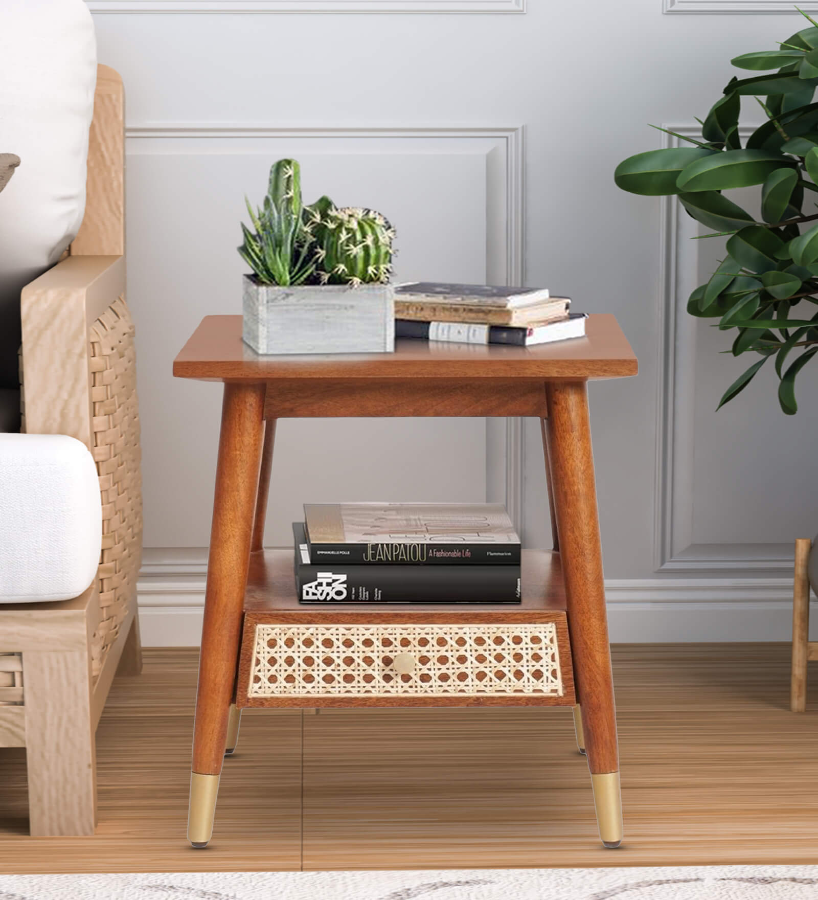 Berlin Solid Wood End Table In Teak Honey Finish