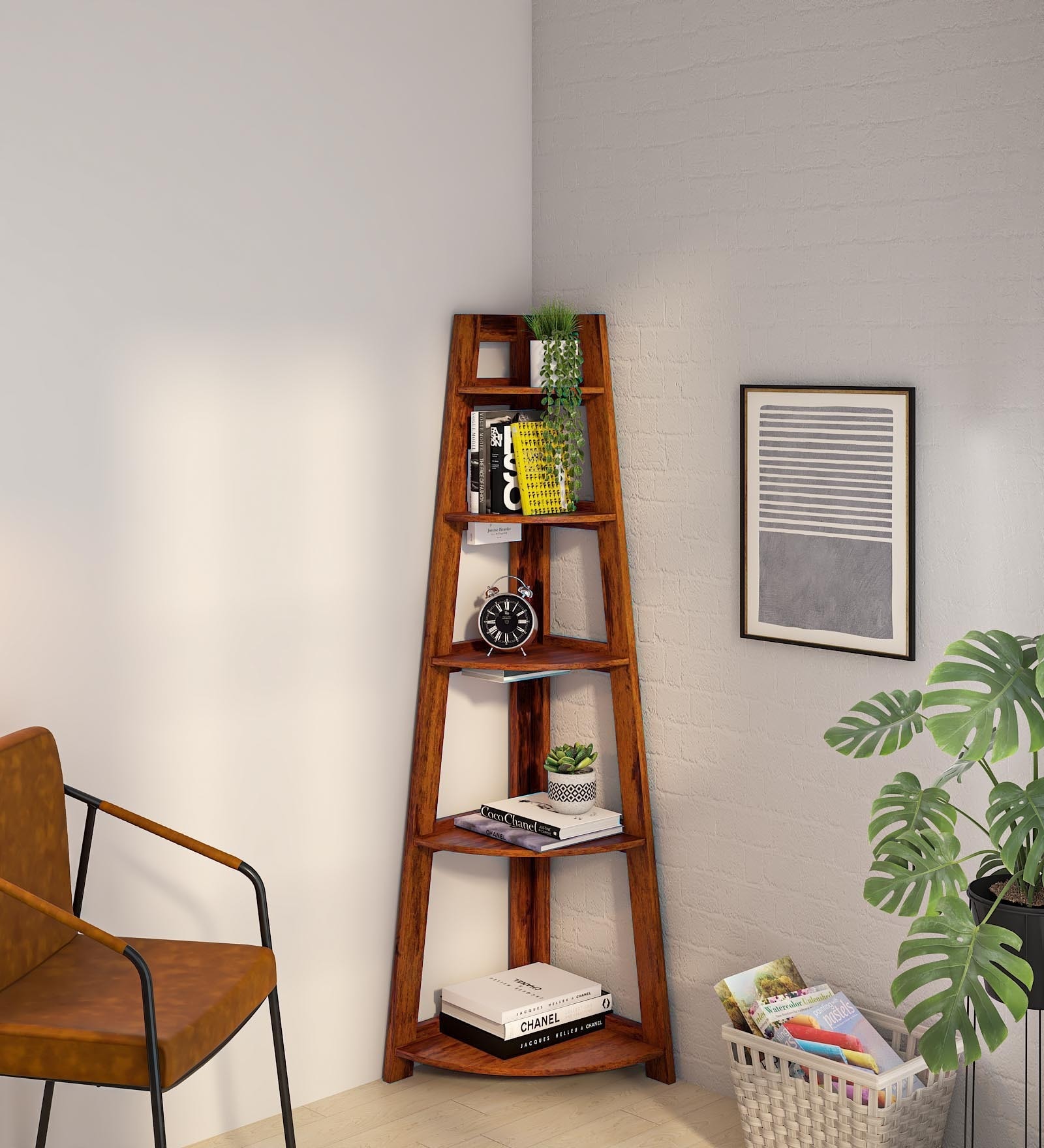 Bern Solid Wood Foldable Corner Bookshelf in Scratch Resistant Honey Oak Finish
