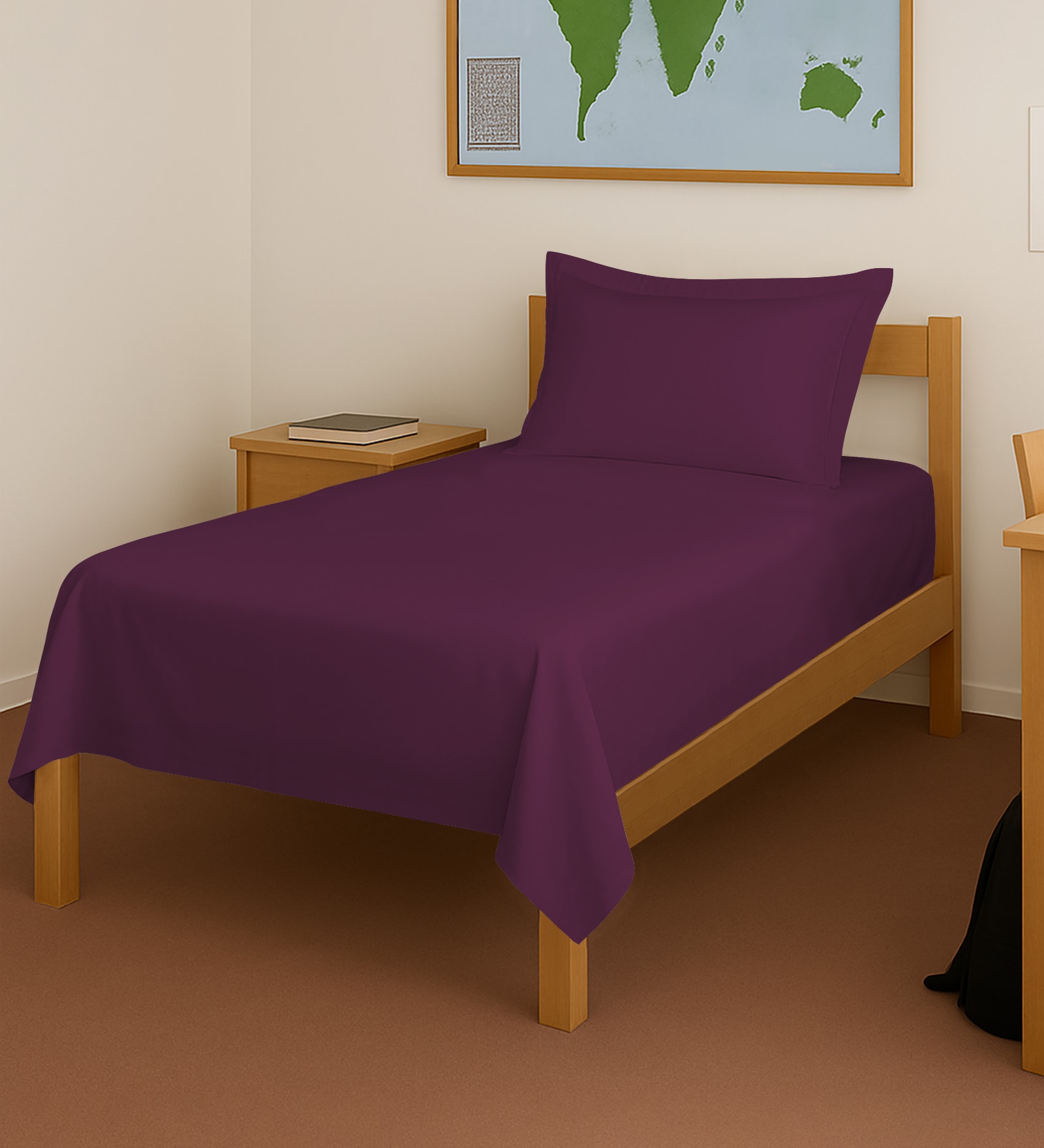 Berry Plum Solid 400 TC Cotton Single Sized Bedsheet with 1 Pillow Cover