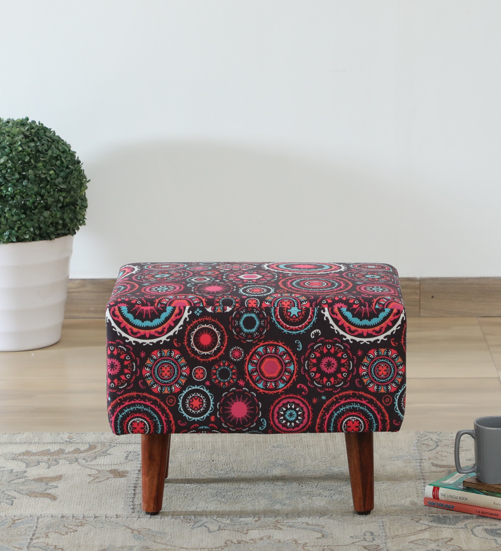 Berry Upholstered Seating Stool In Floral Print on Blue Colour