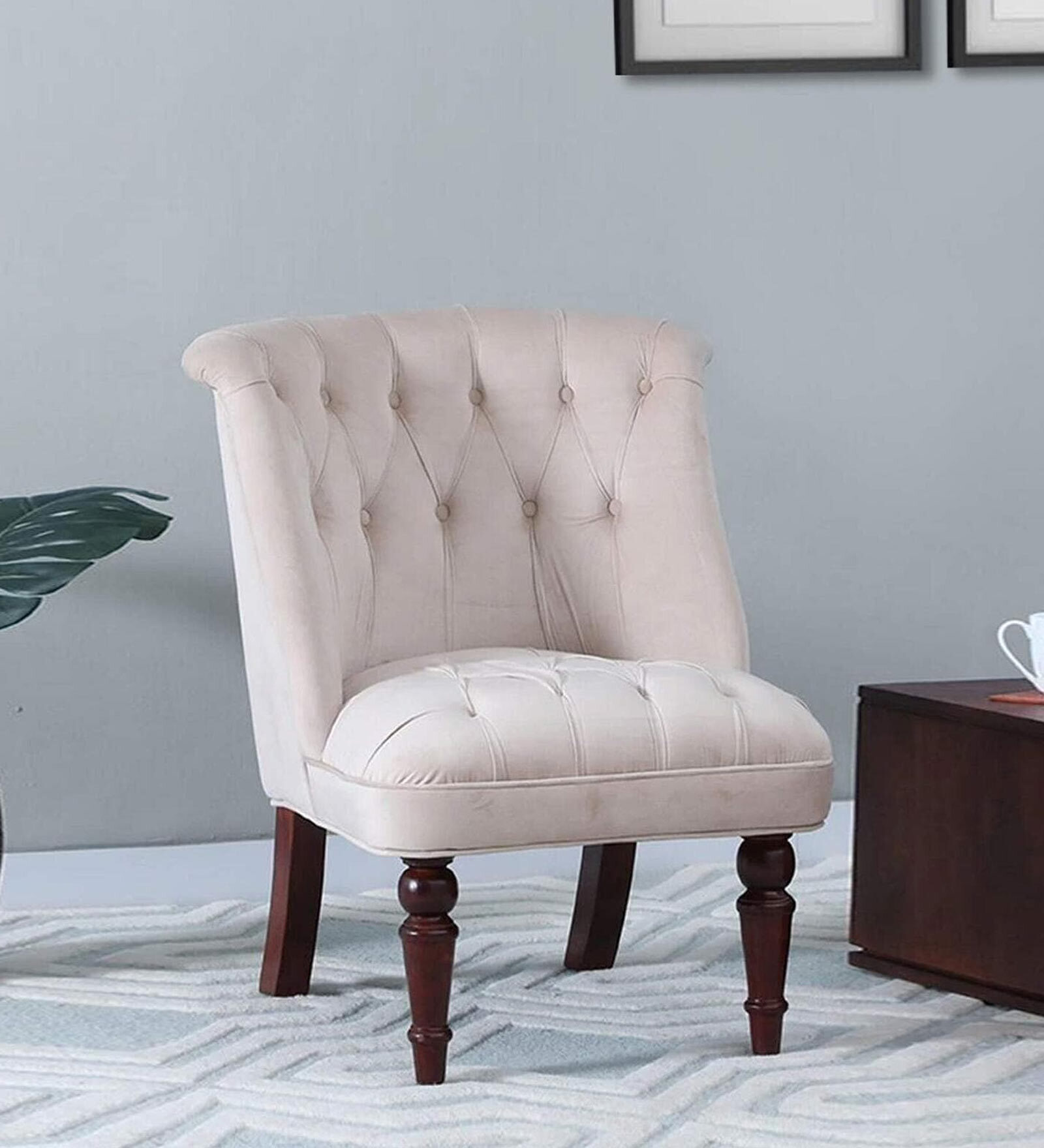 Bethel Velvet Slipper Chair In Beige Colour