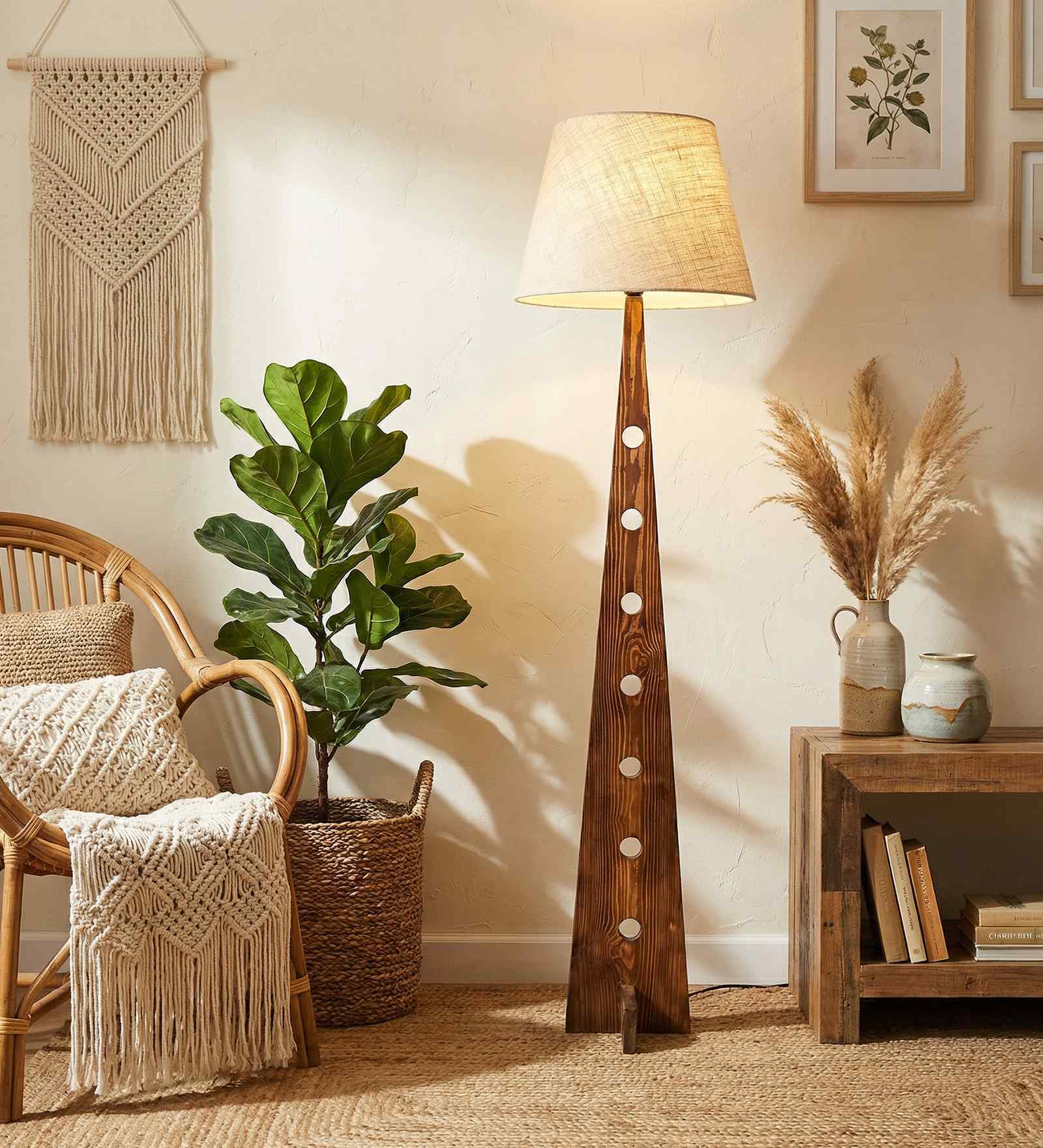 Bevel Wooden Floor Lamp with Jute Shade & Brown Base