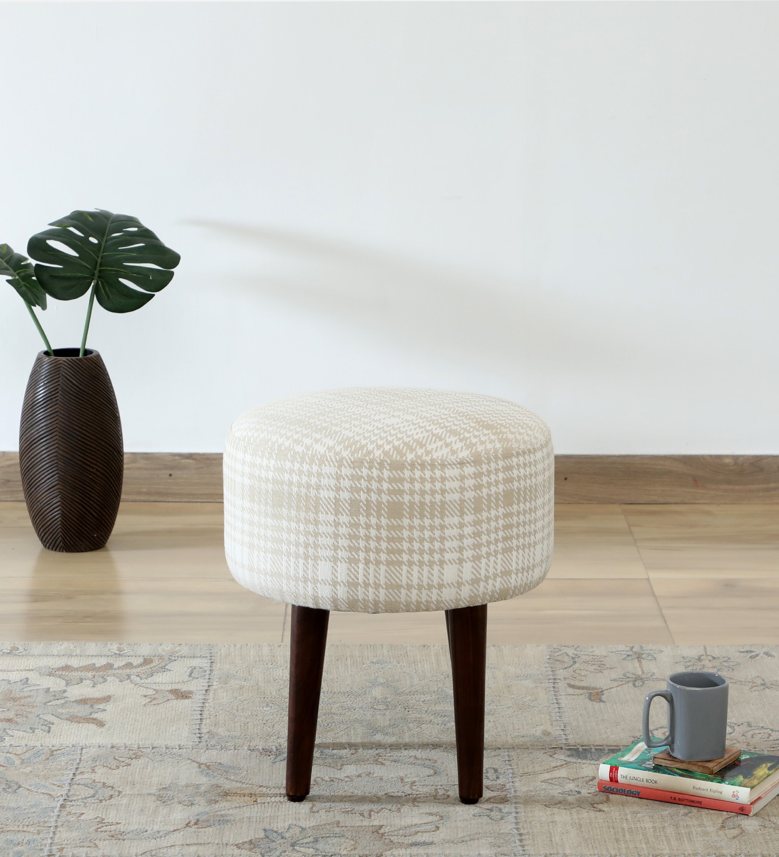 Bezel Fabric Seating Stool In Provincial Teak Finish