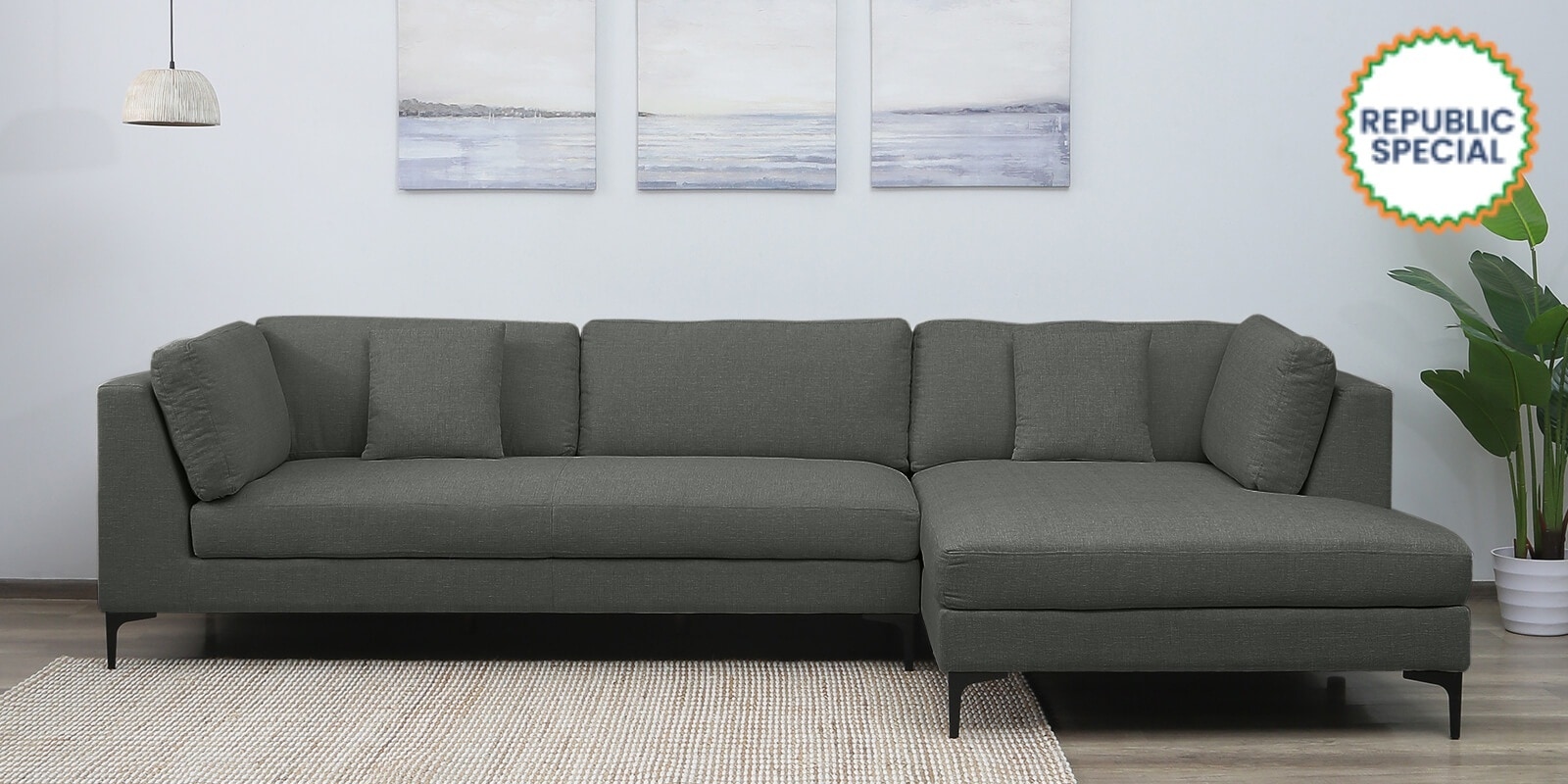 Belita Fabric LHS Sectional Sofa (3 + Lounger) in Pebble Grey Colour